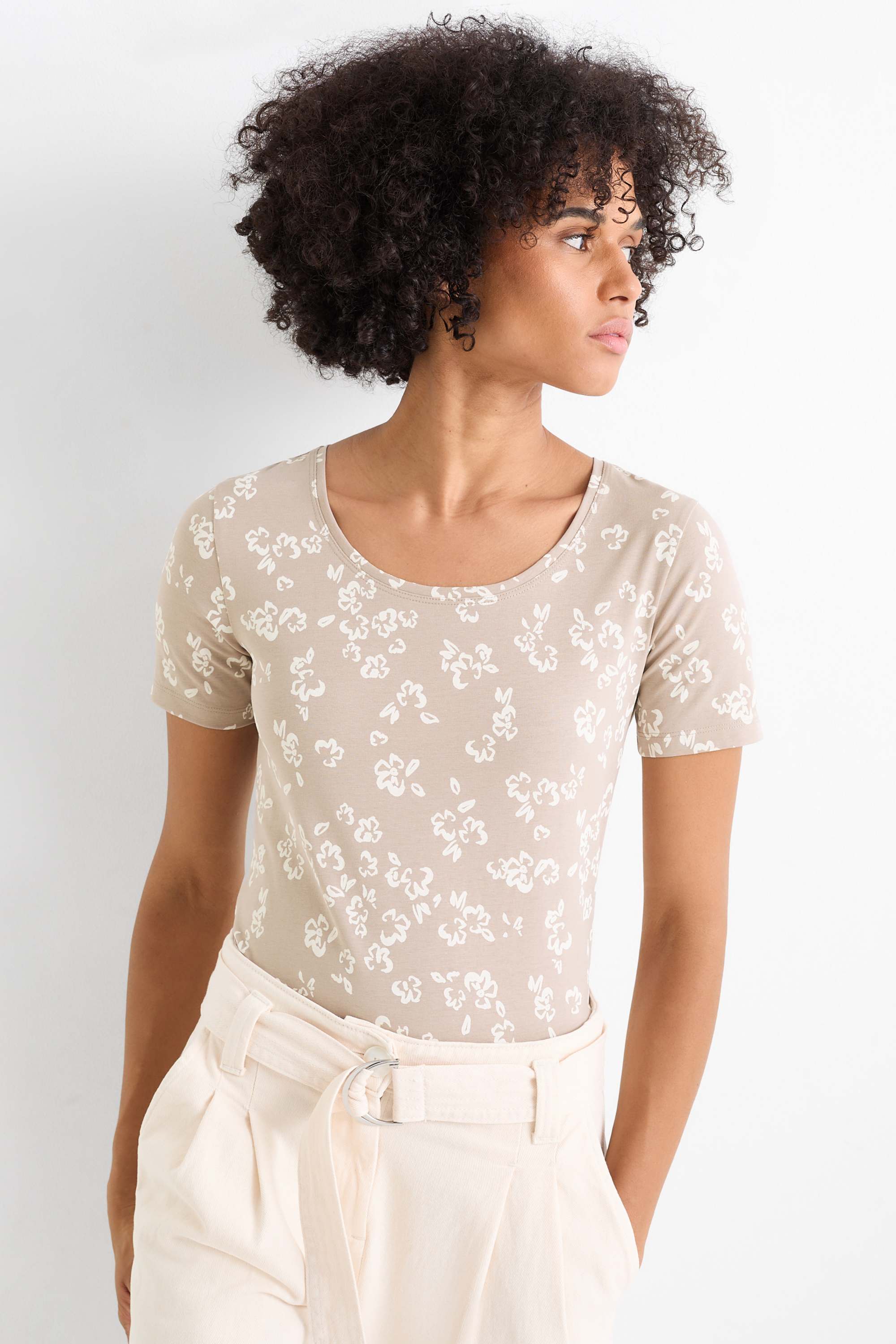 T-shirt - slim fit - floral beige