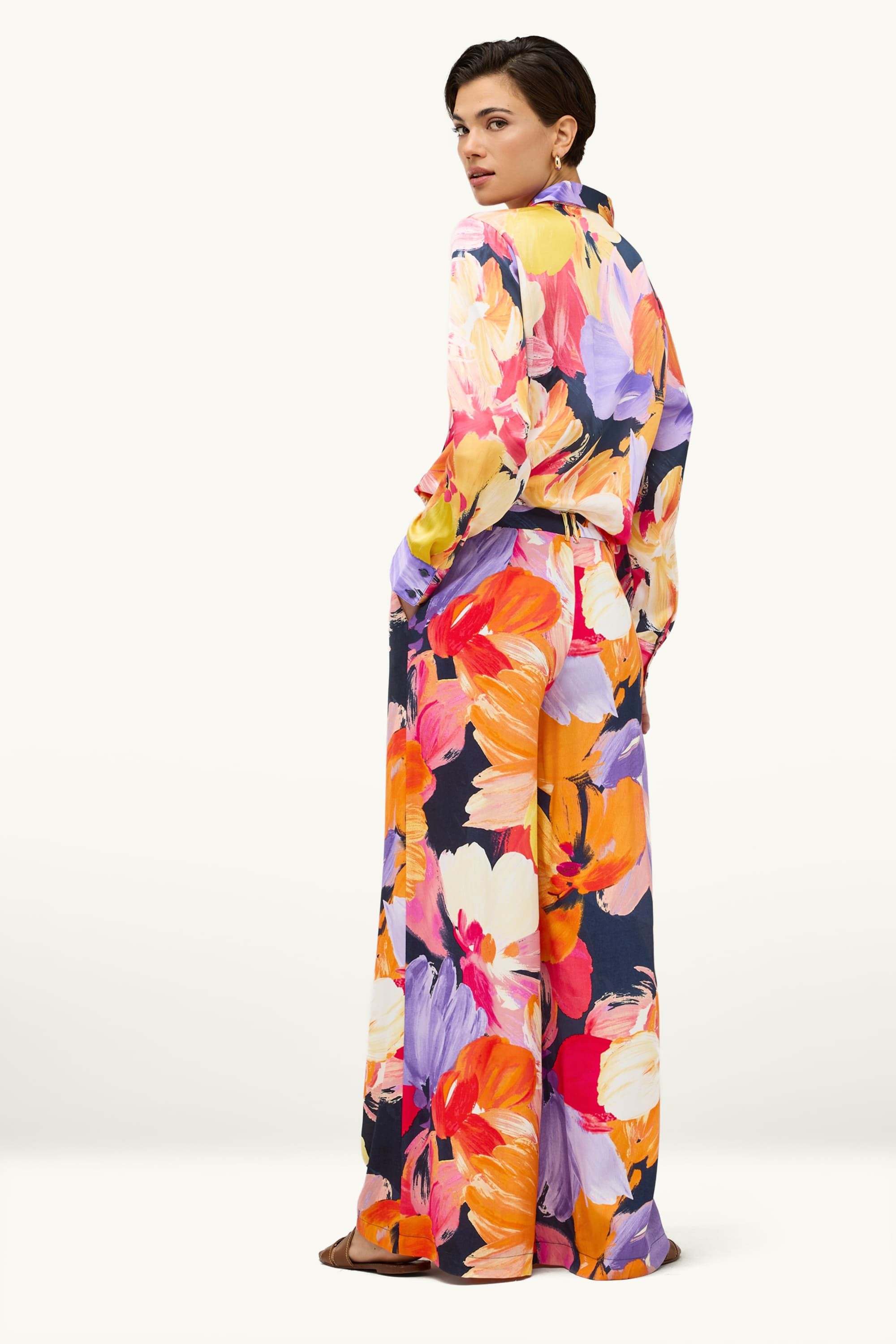 Cloth trousers - high waist - wide leg - floral orange