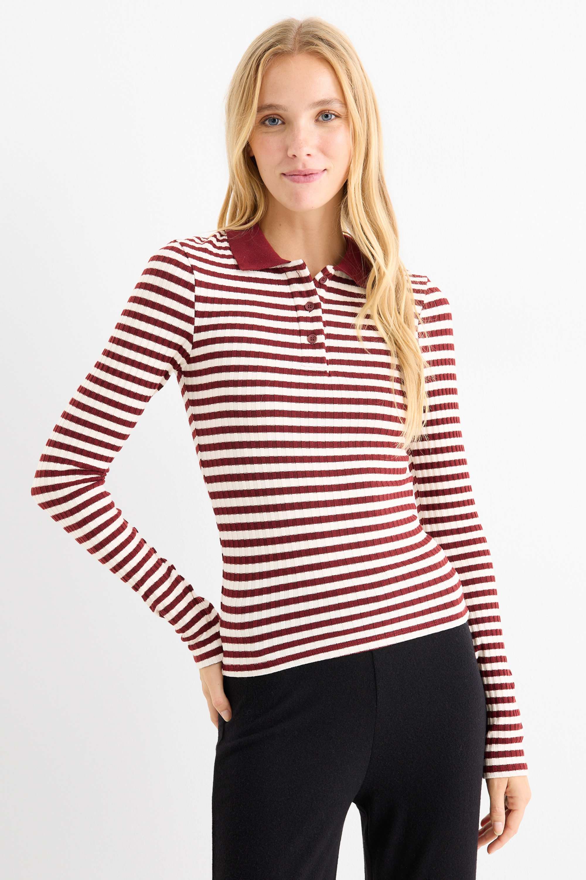 Long sleeve polo shirt - slim fit - ribbed - embroidered dark red / black
