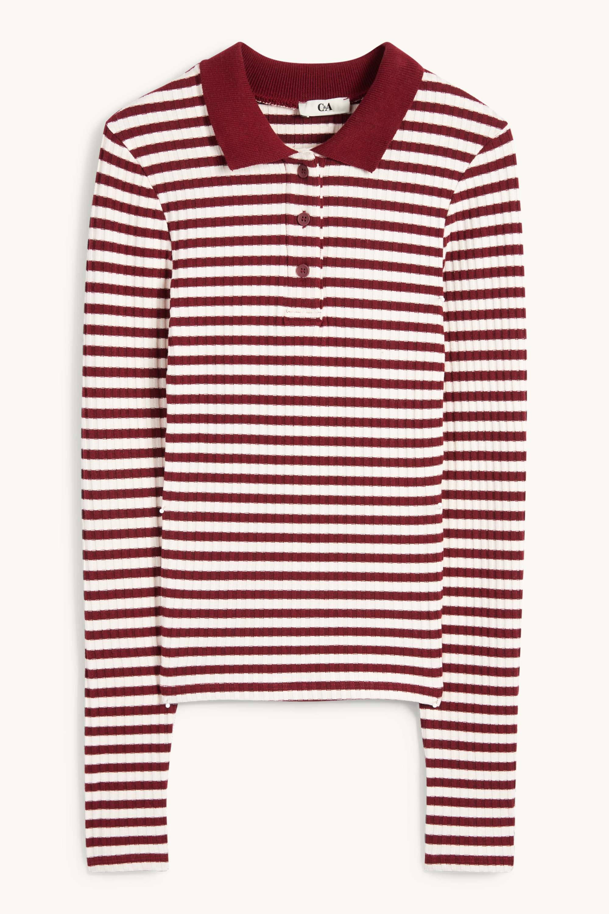 Long sleeve polo shirt - slim fit - ribbed - embroidered dark red / black
