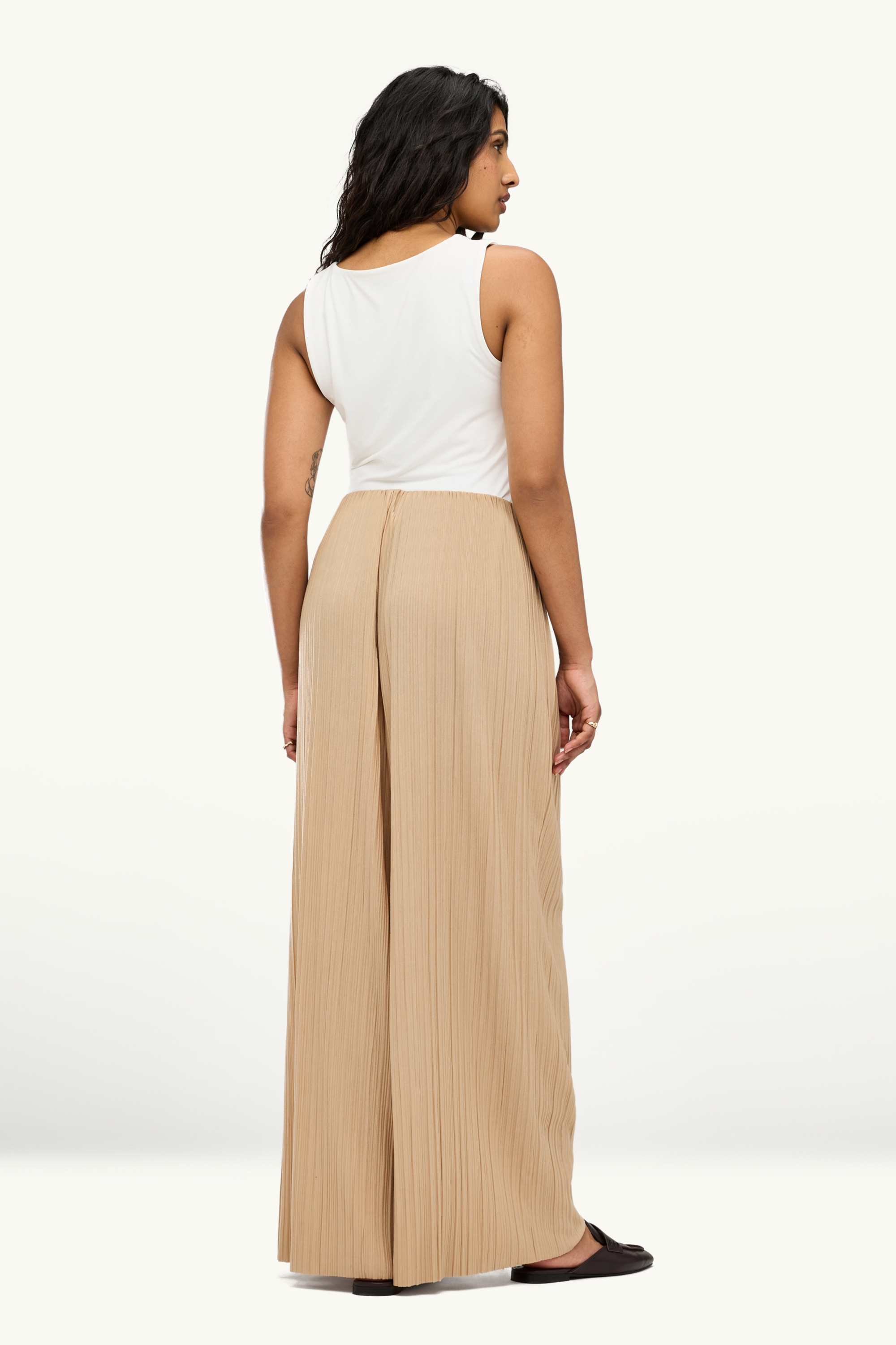 Cloth trousers - high waist - wide leg - ribbed light brown