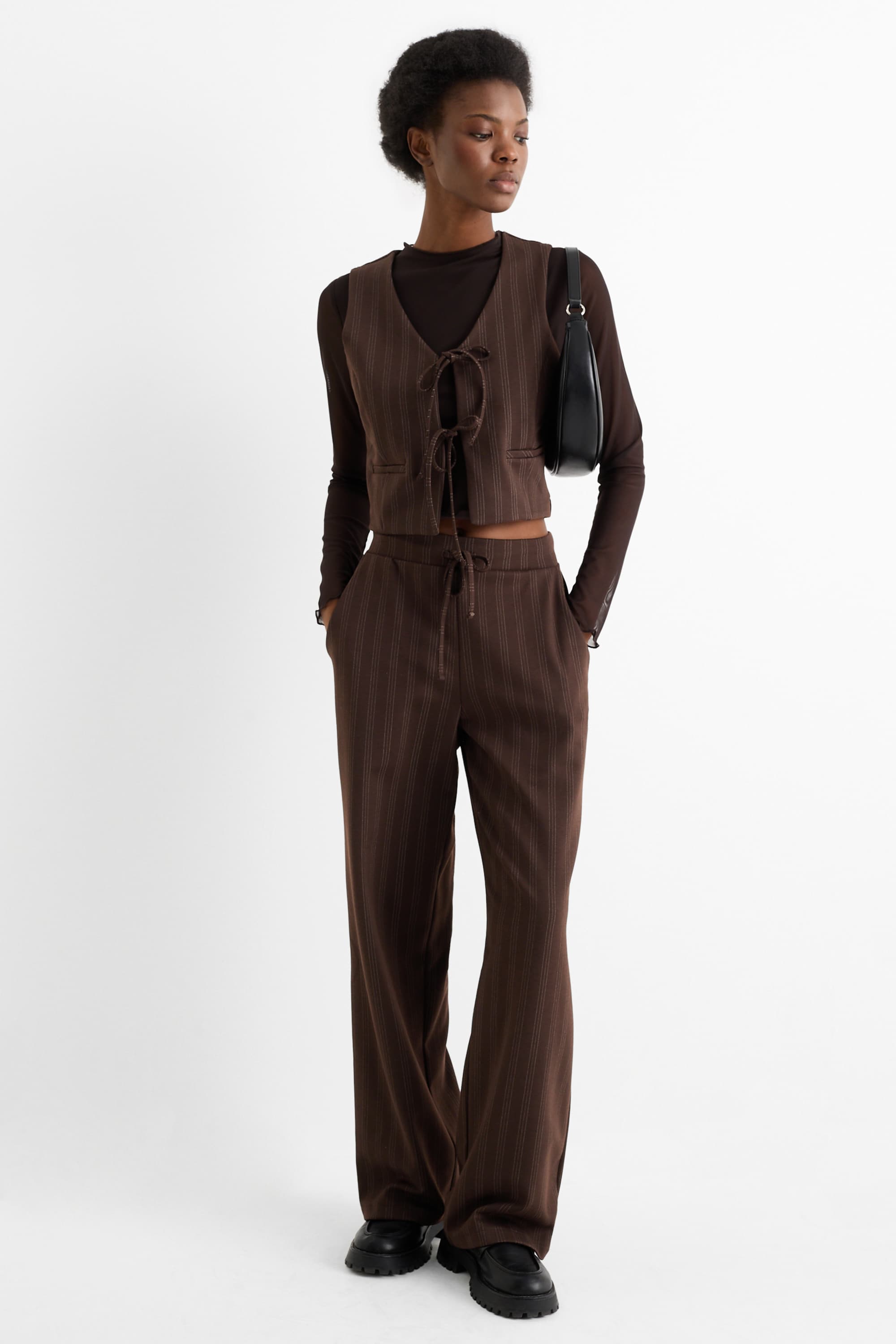 Jersey trousers - mid-rise waist - wide leg - pinstripes dark brown