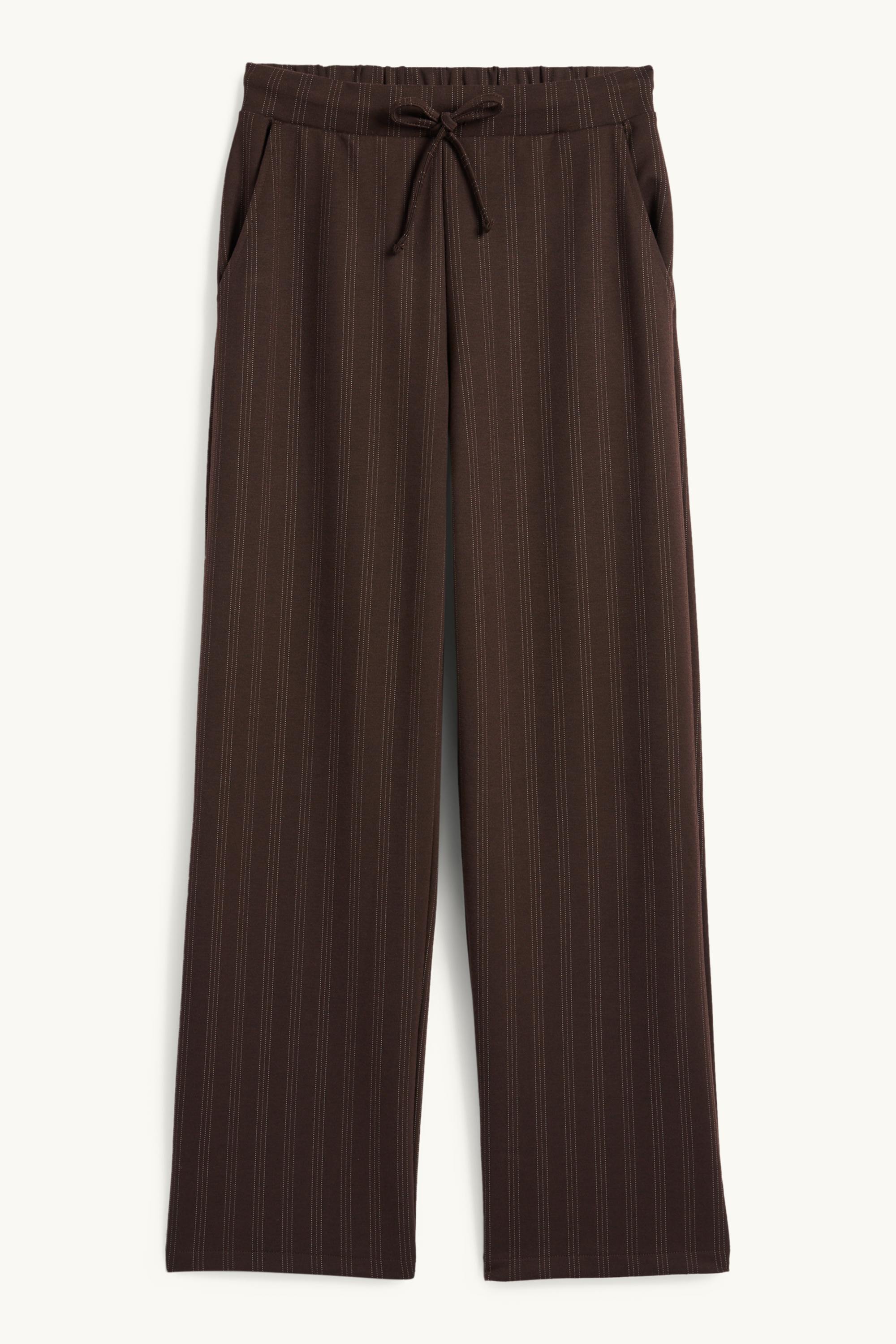 Jersey trousers - mid-rise waist - wide leg - pinstripes dark brown
