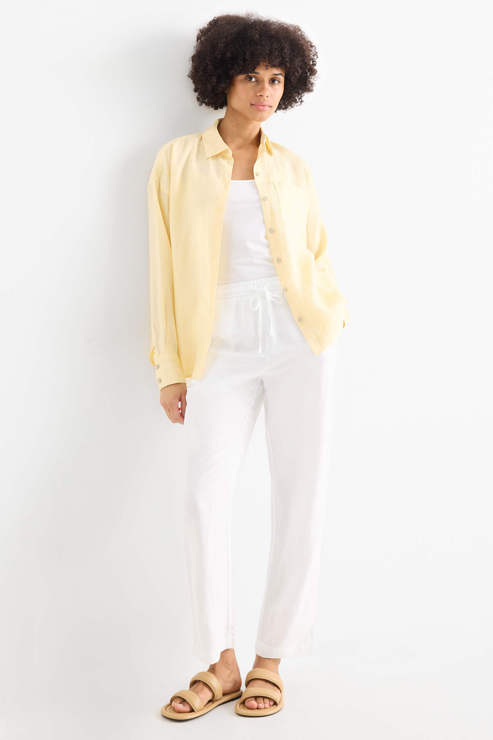 Cloth trousers - mid-rise waist - tapered fit - linen blend white