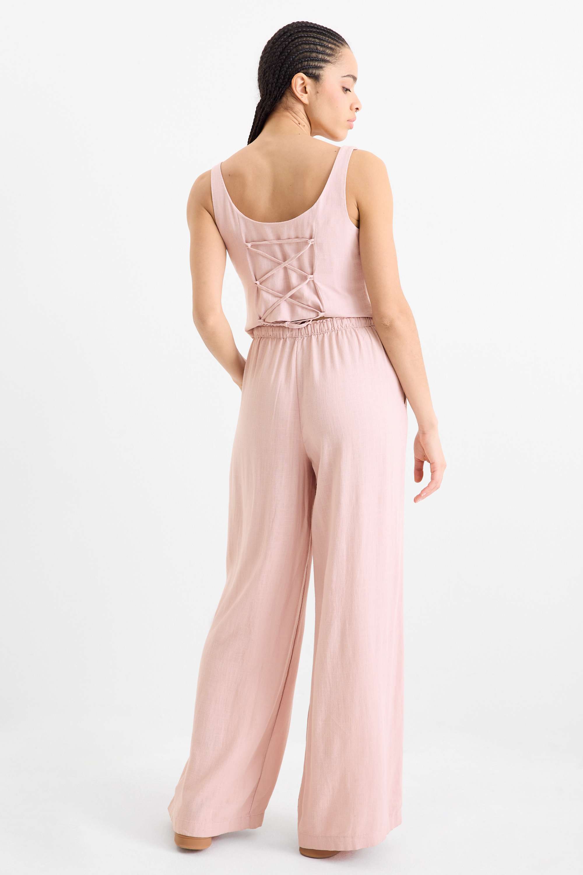 Cloth trousers with linen content - mid-rise waist - loose fit rose