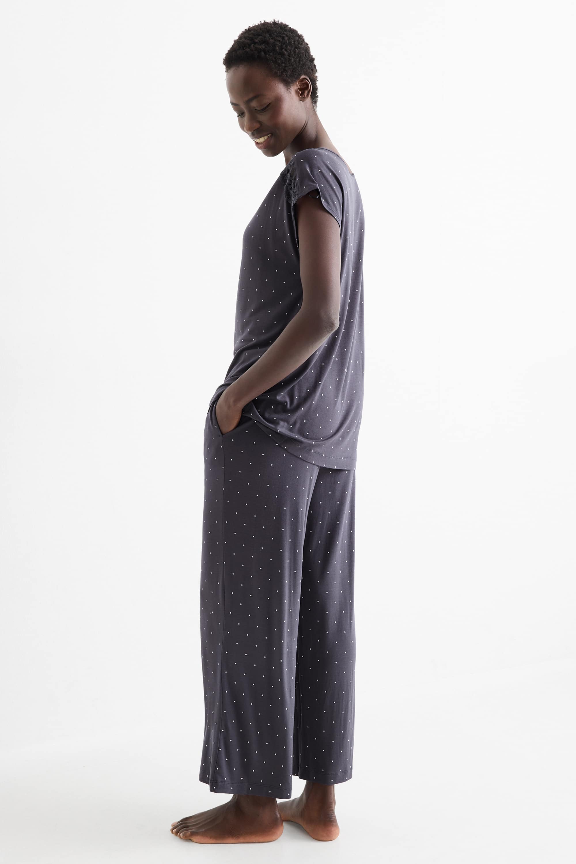 Viscose pyjamas - polka dot dark blue