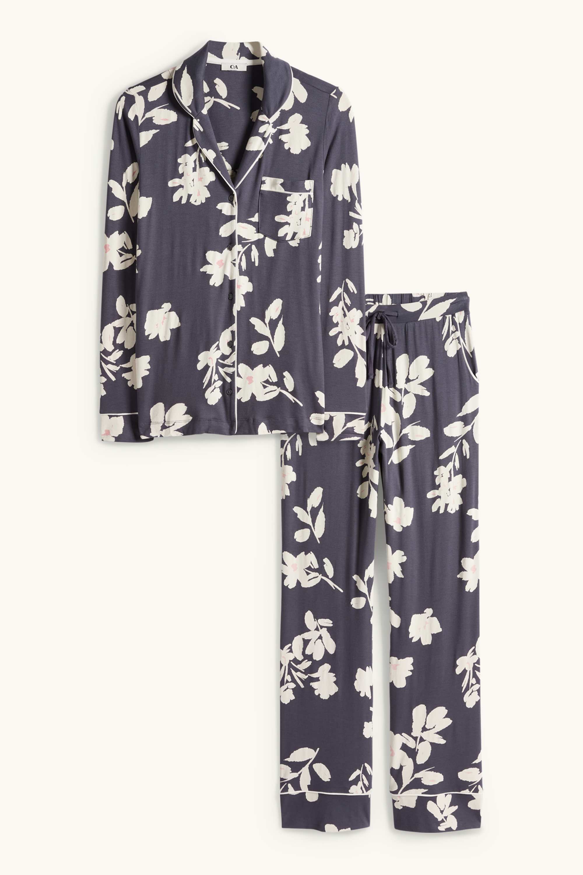 Viscose pyjamas - floral dark blue / creme white