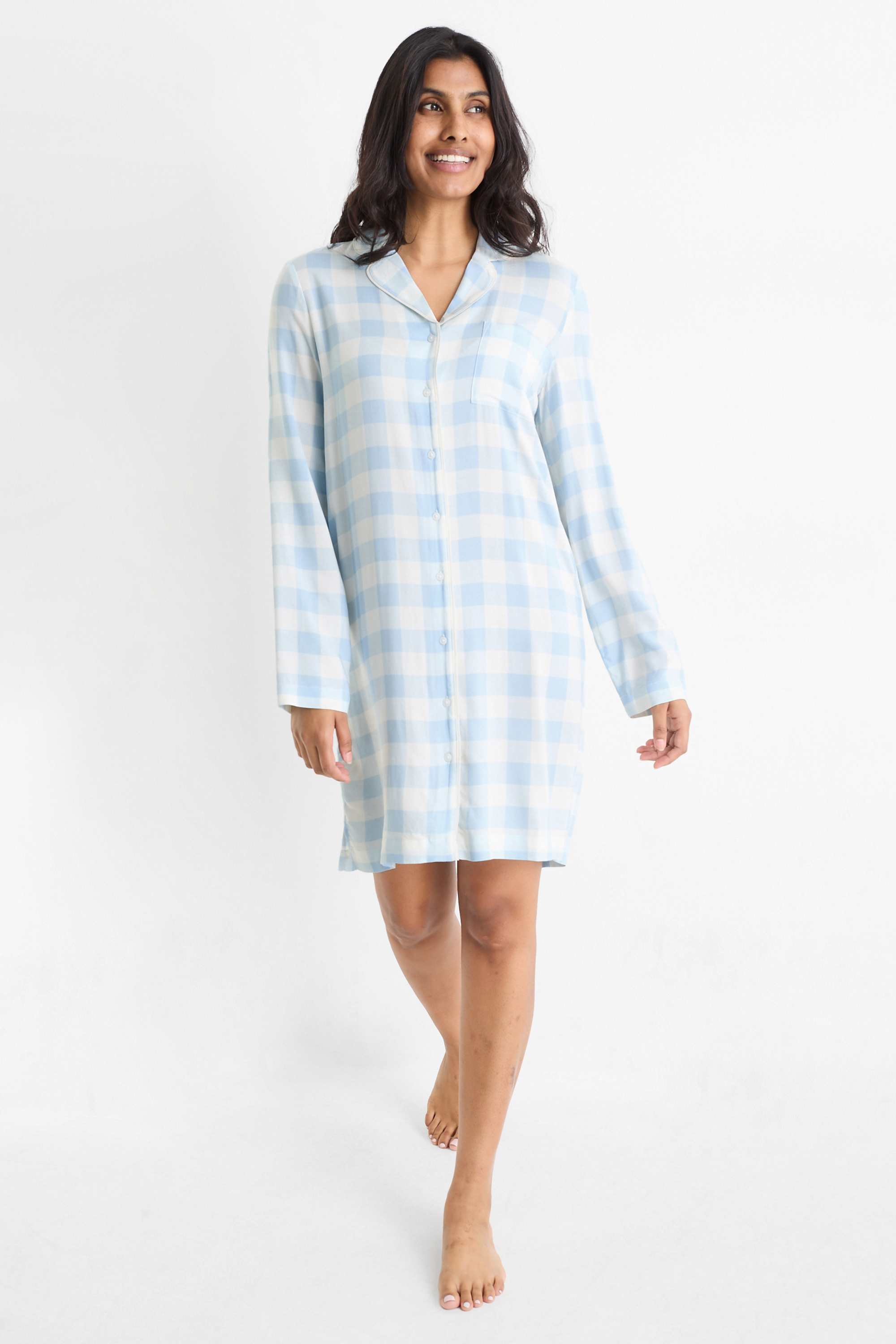 Viscose nightdress - check white / light blue