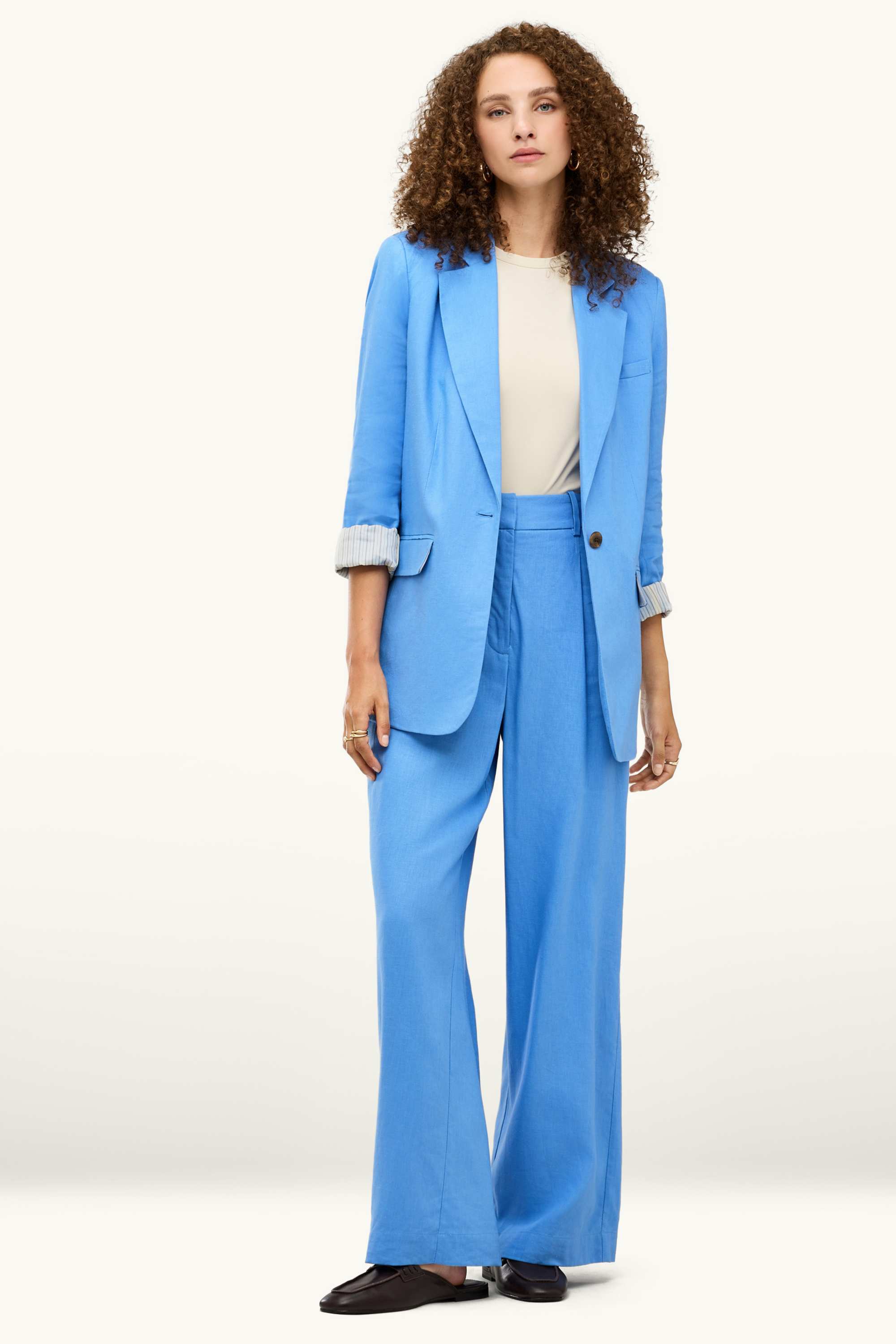 Business trousers - high waist - wide leg - linen blend blue