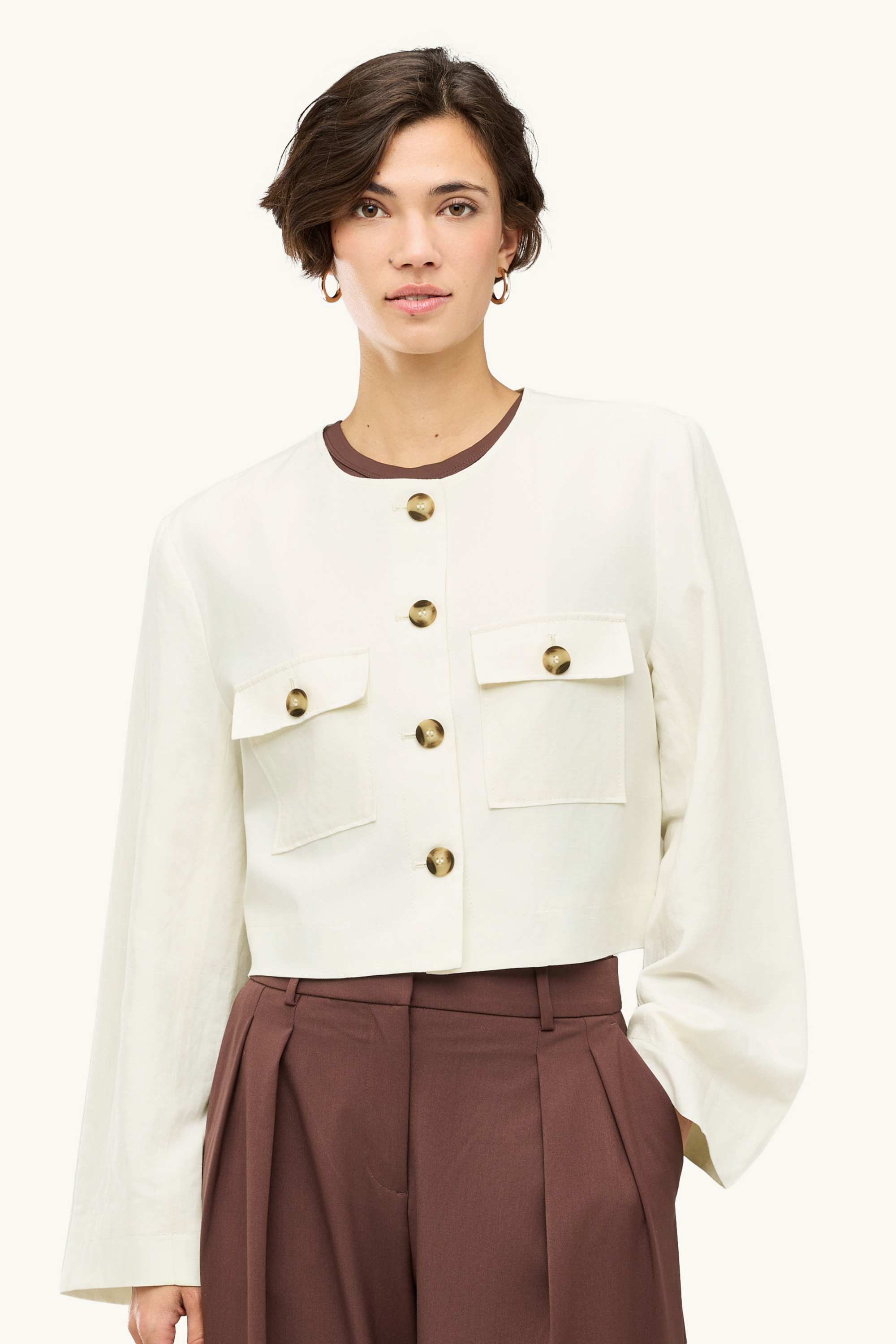 Cropped blazer with linen content - slim fit white