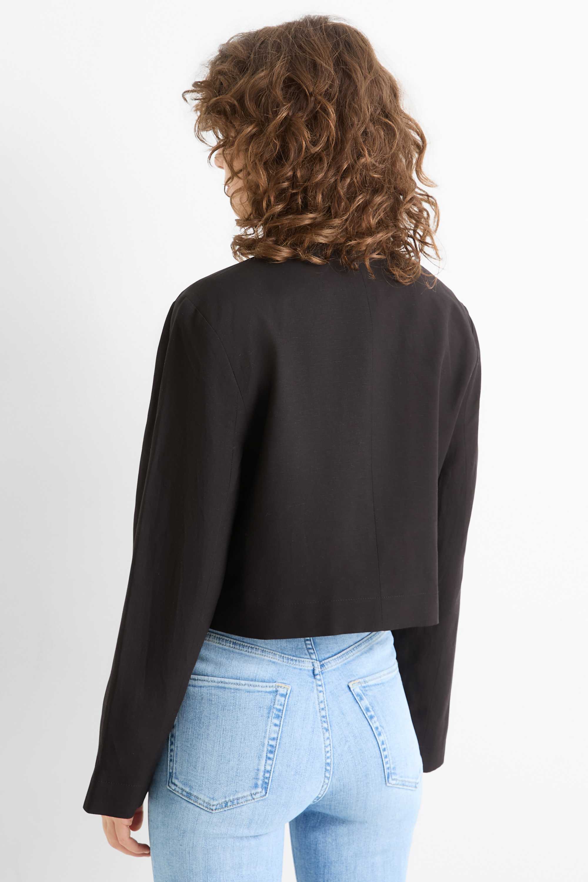Cropped blazer with linen content - slim fit black