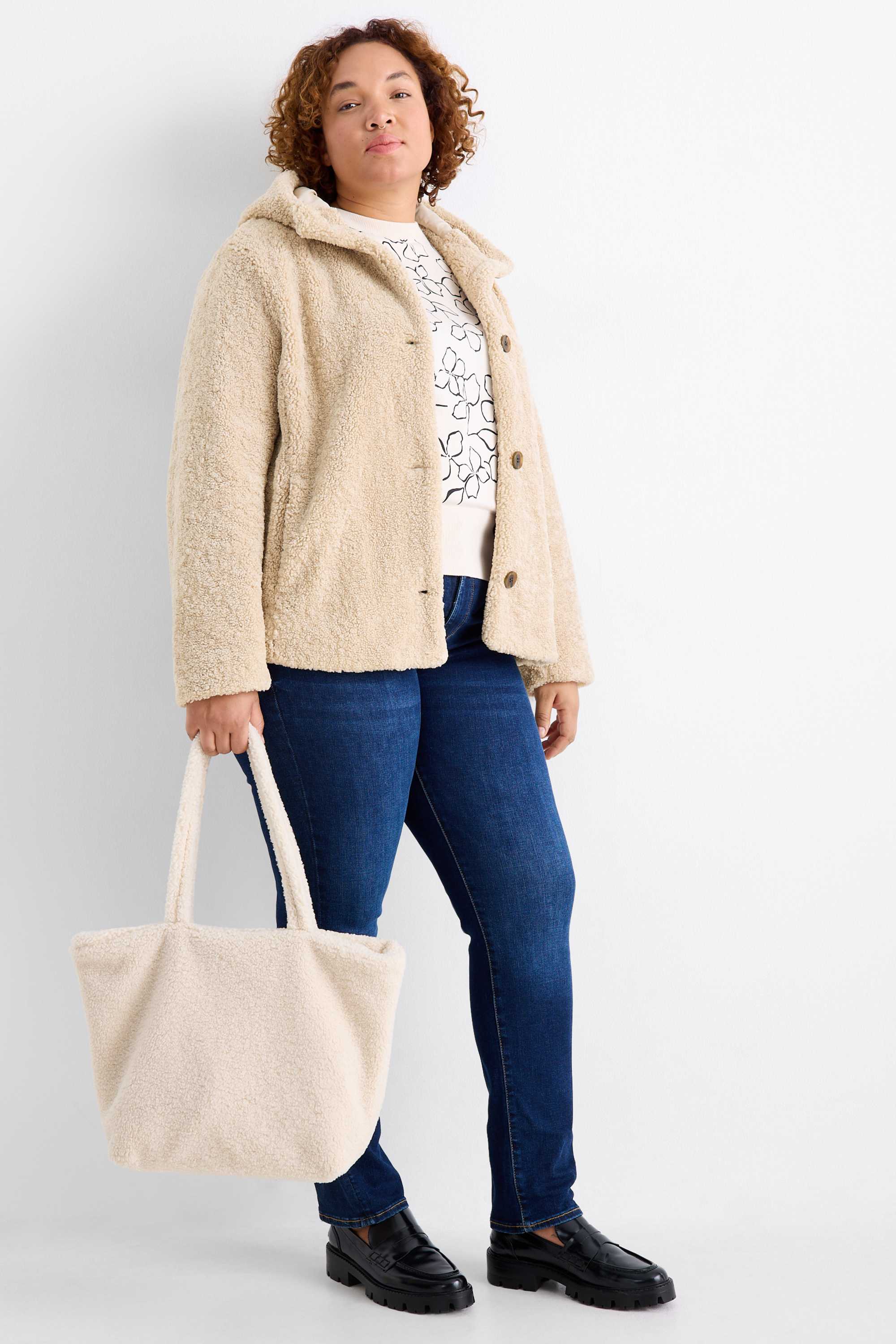 Faux fur jacket with hood beige