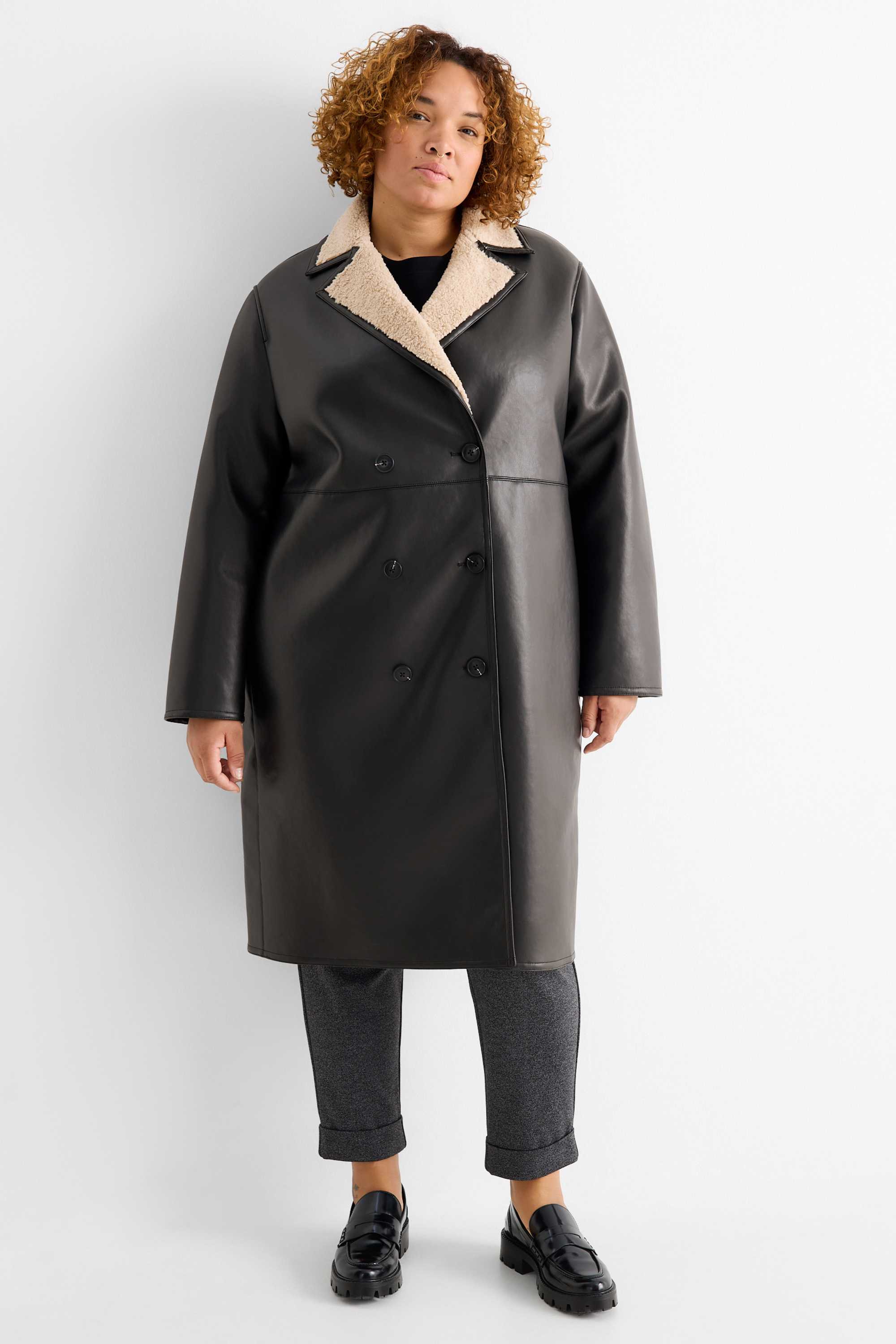 Faux shearling coat - faux leather black