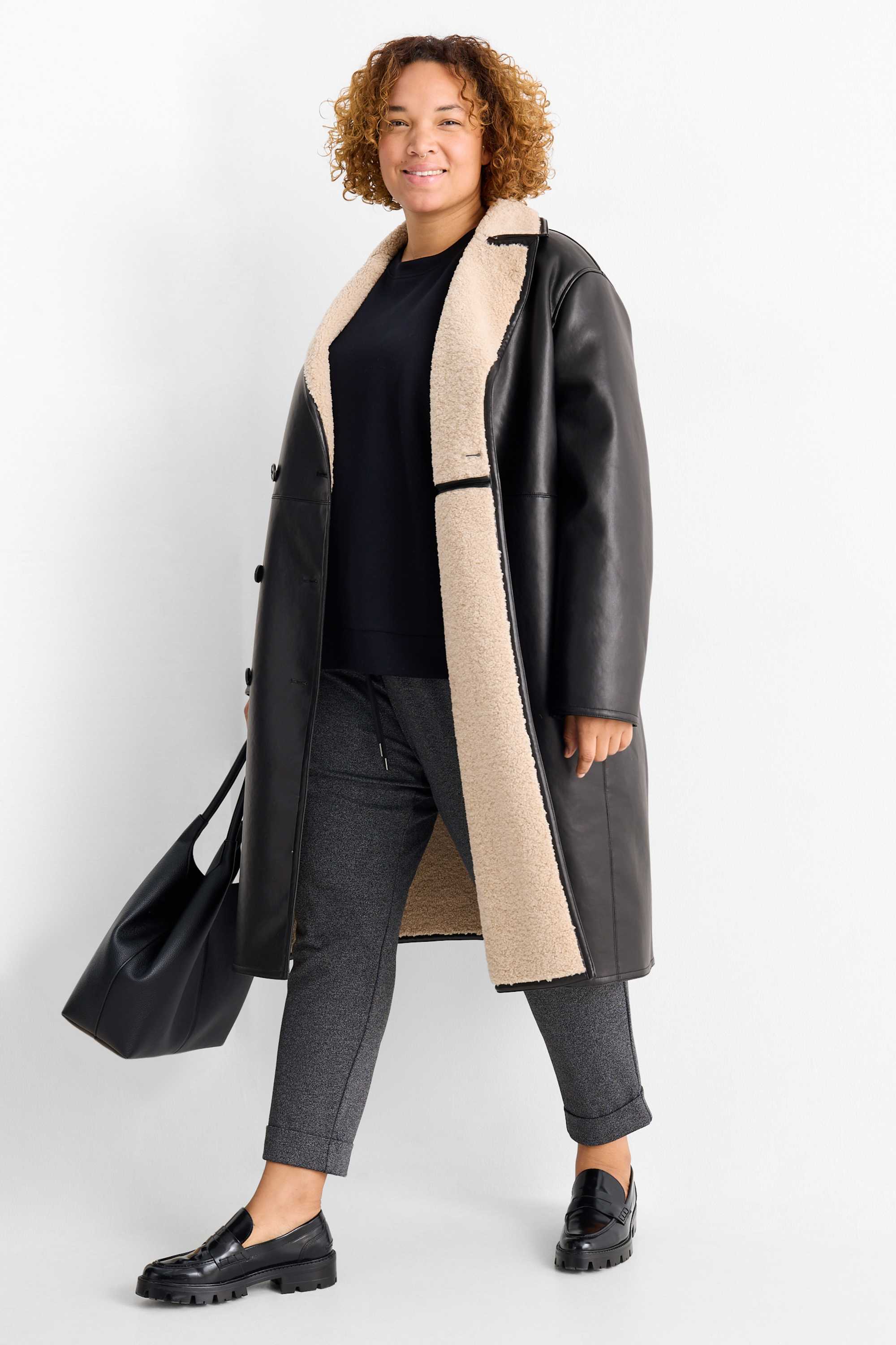 Faux shearling coat - faux leather black