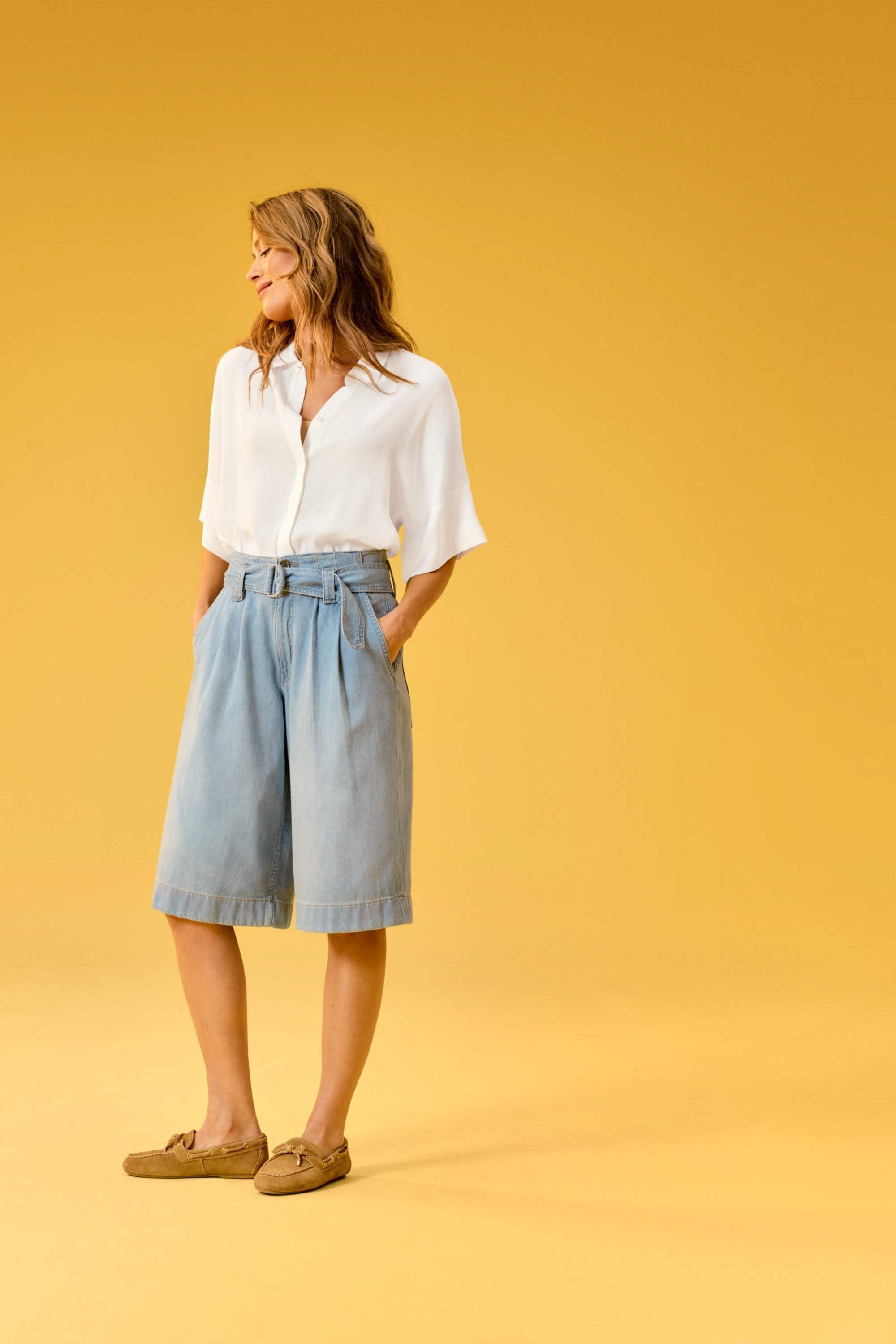 Jorts with belt - high waist denim-light blue