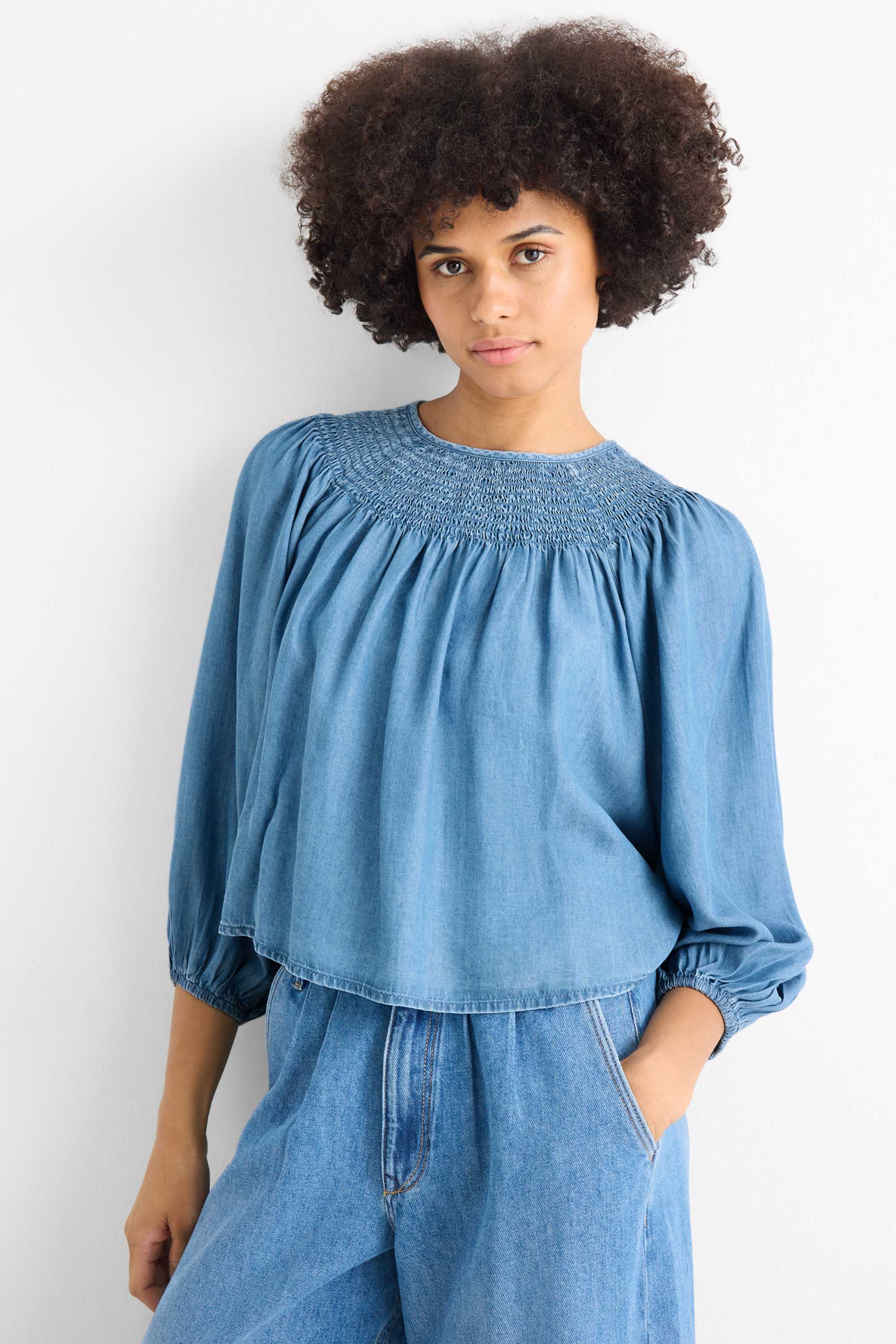 Blouse - denim look - smocked blue