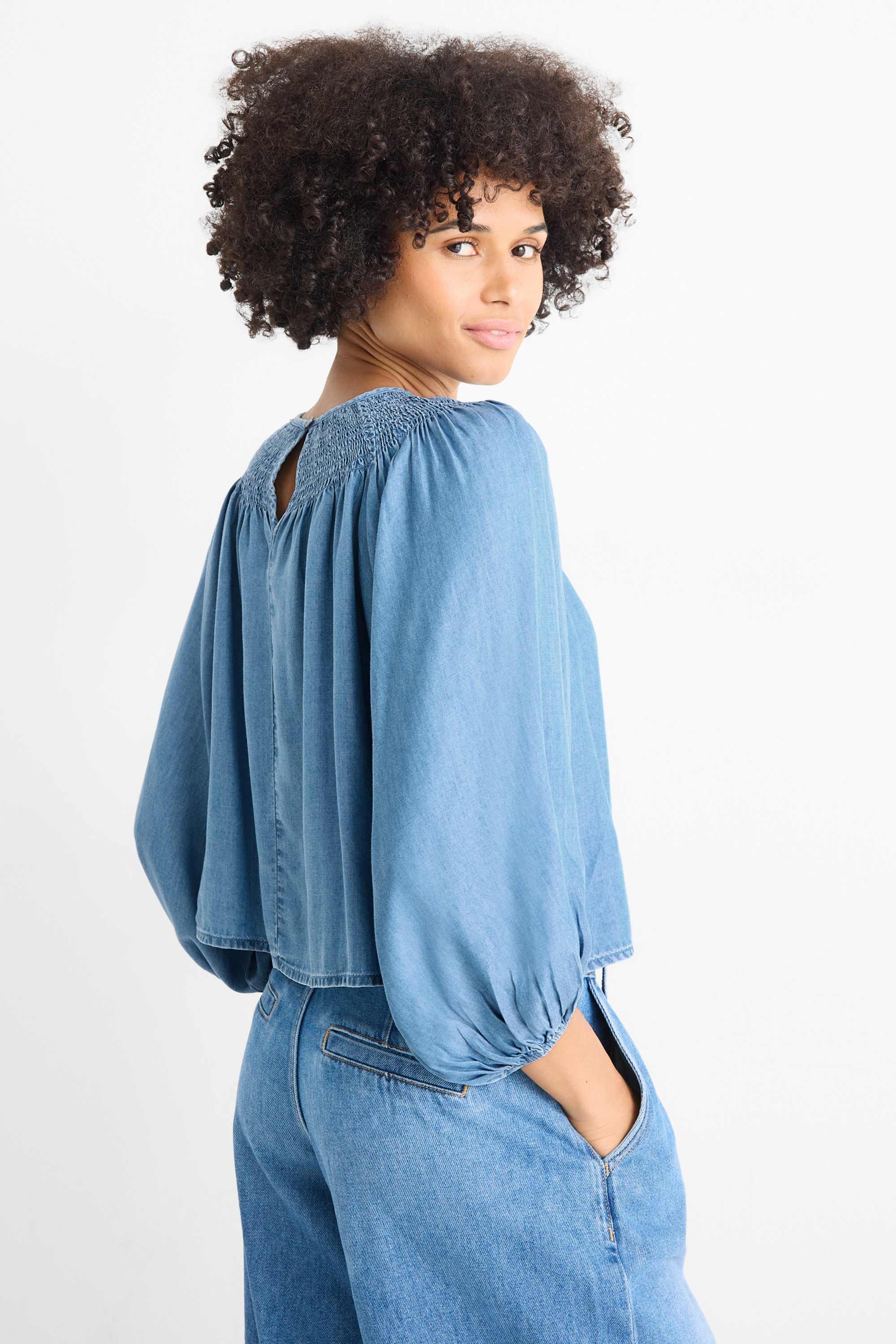 Blouse - denim look - smocked blue