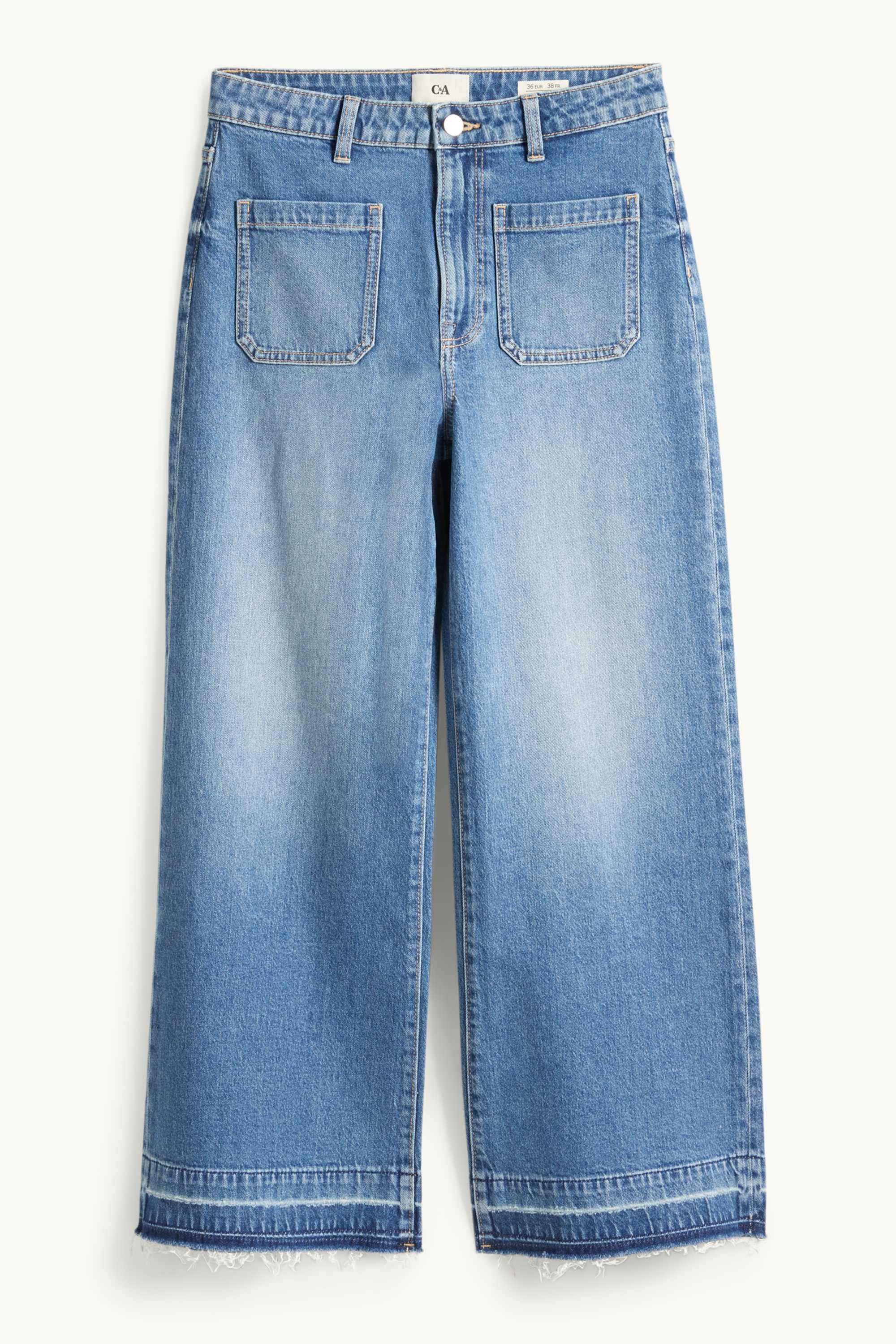 Cropped wide leg jeans - mid-rise waist blue denim