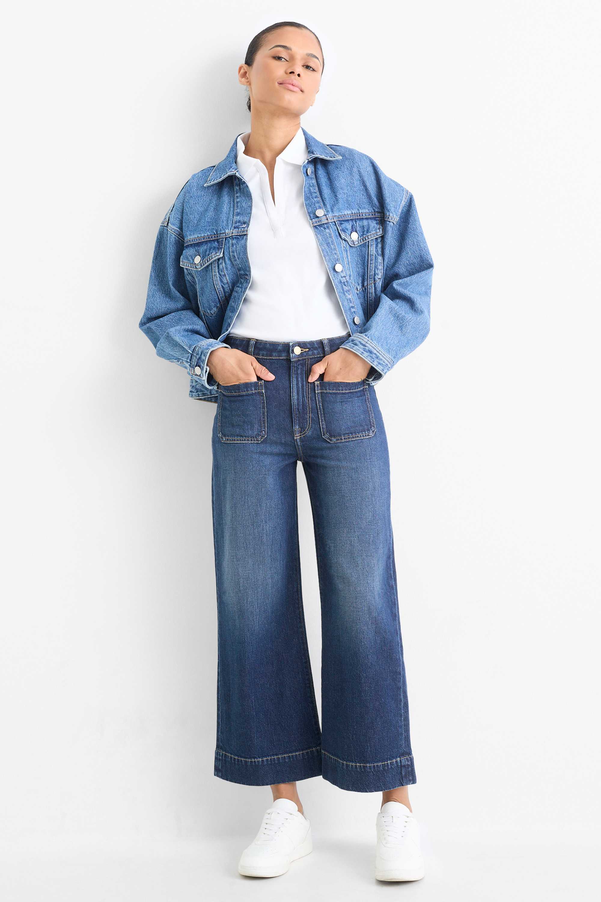 Cropped wide leg jeans - mid-rise waist denim-dark blue