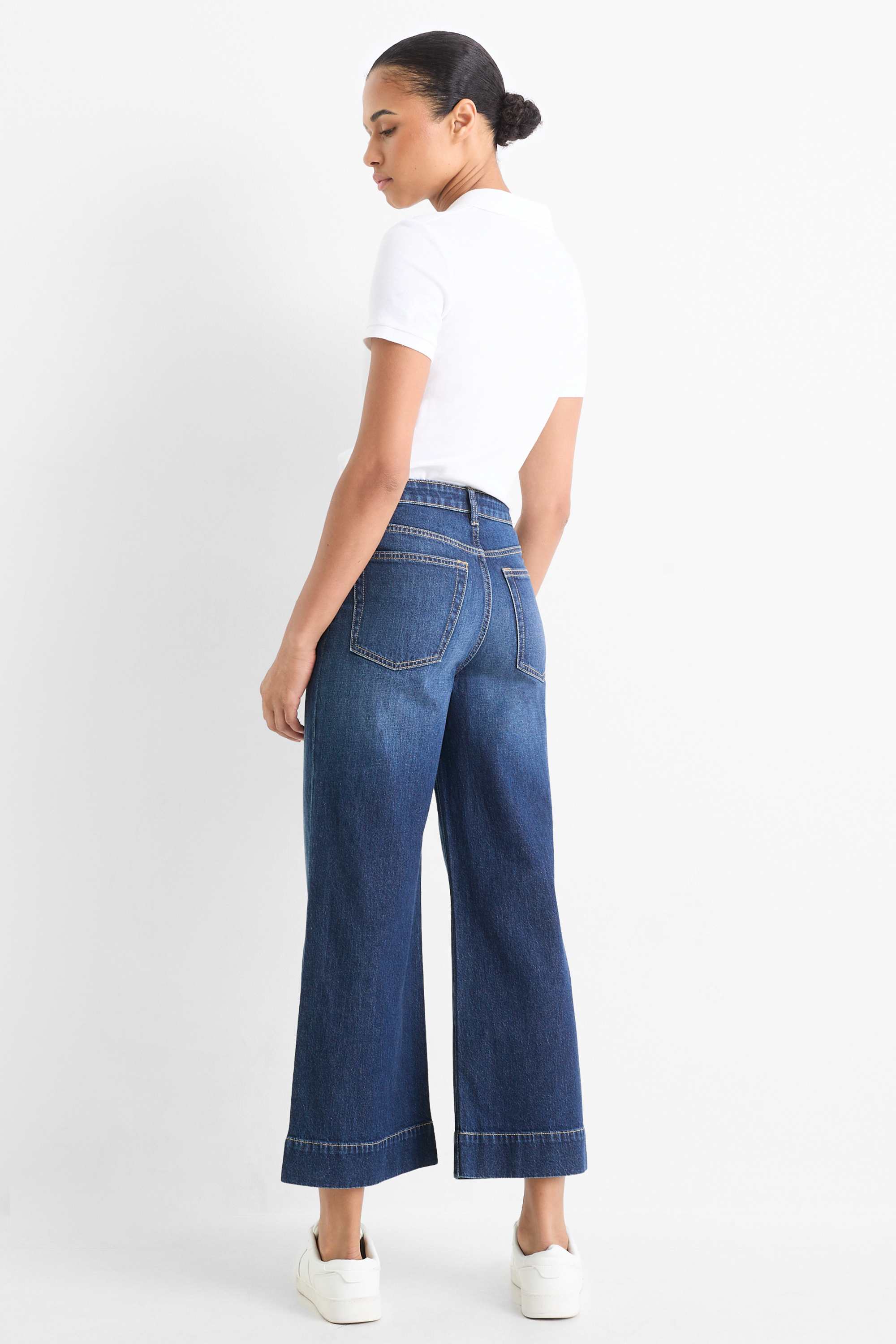 Cropped wide leg jeans - mid-rise waist denim-dark blue