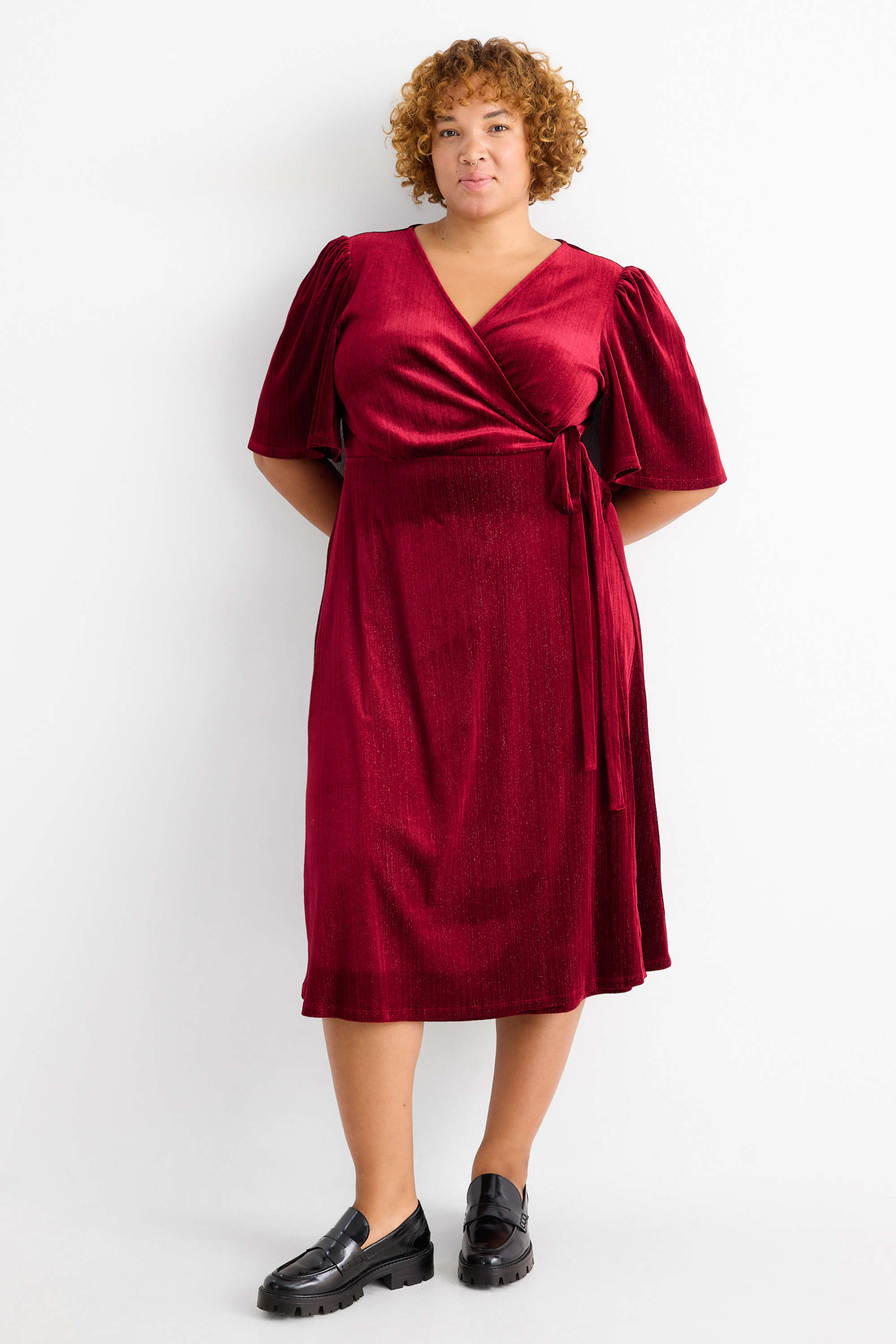 Velvet wrap dress - straight fit dark red