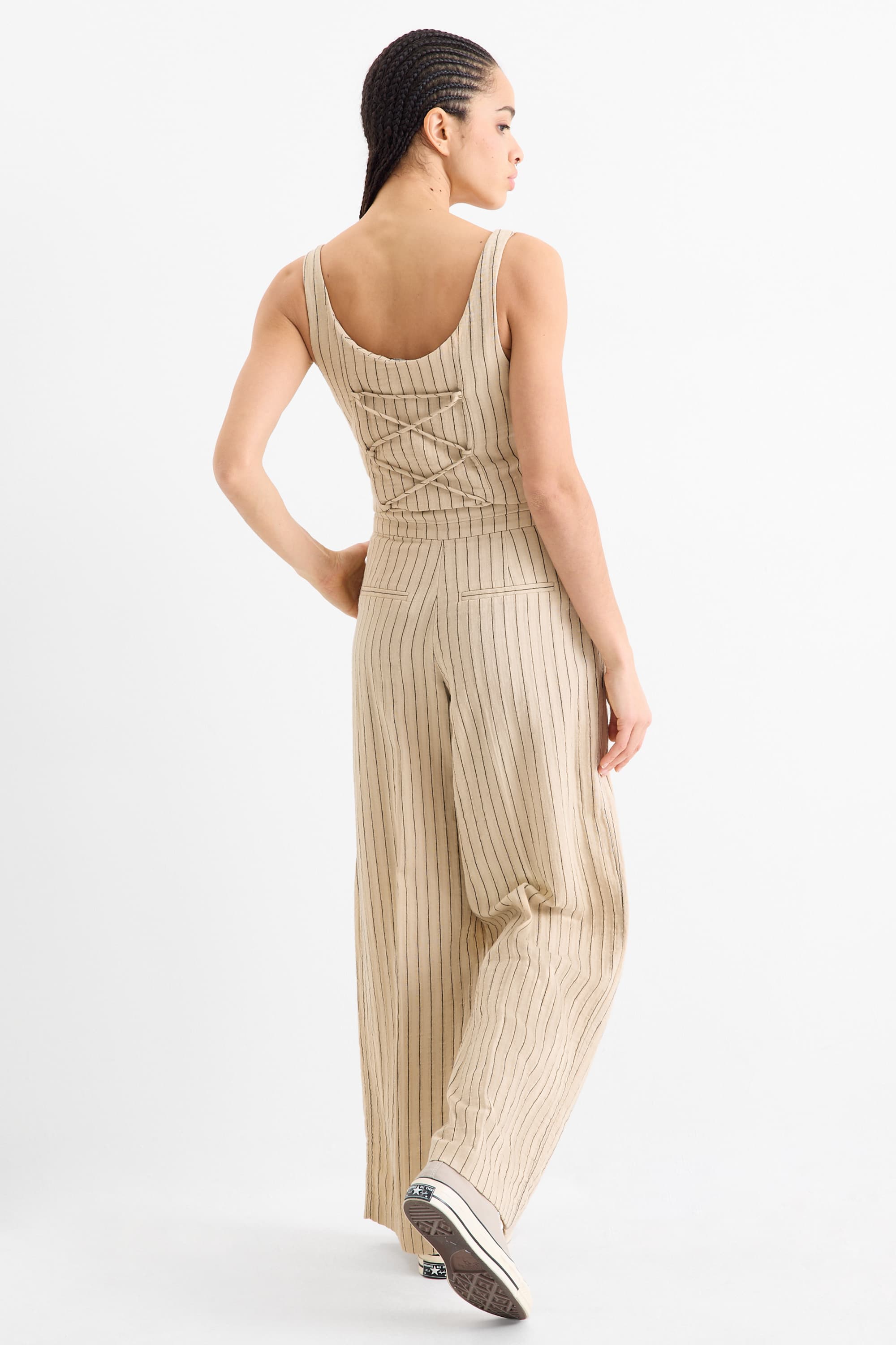 Cloth trousers - mid-rise waist - wide leg - pinstripes black / beige