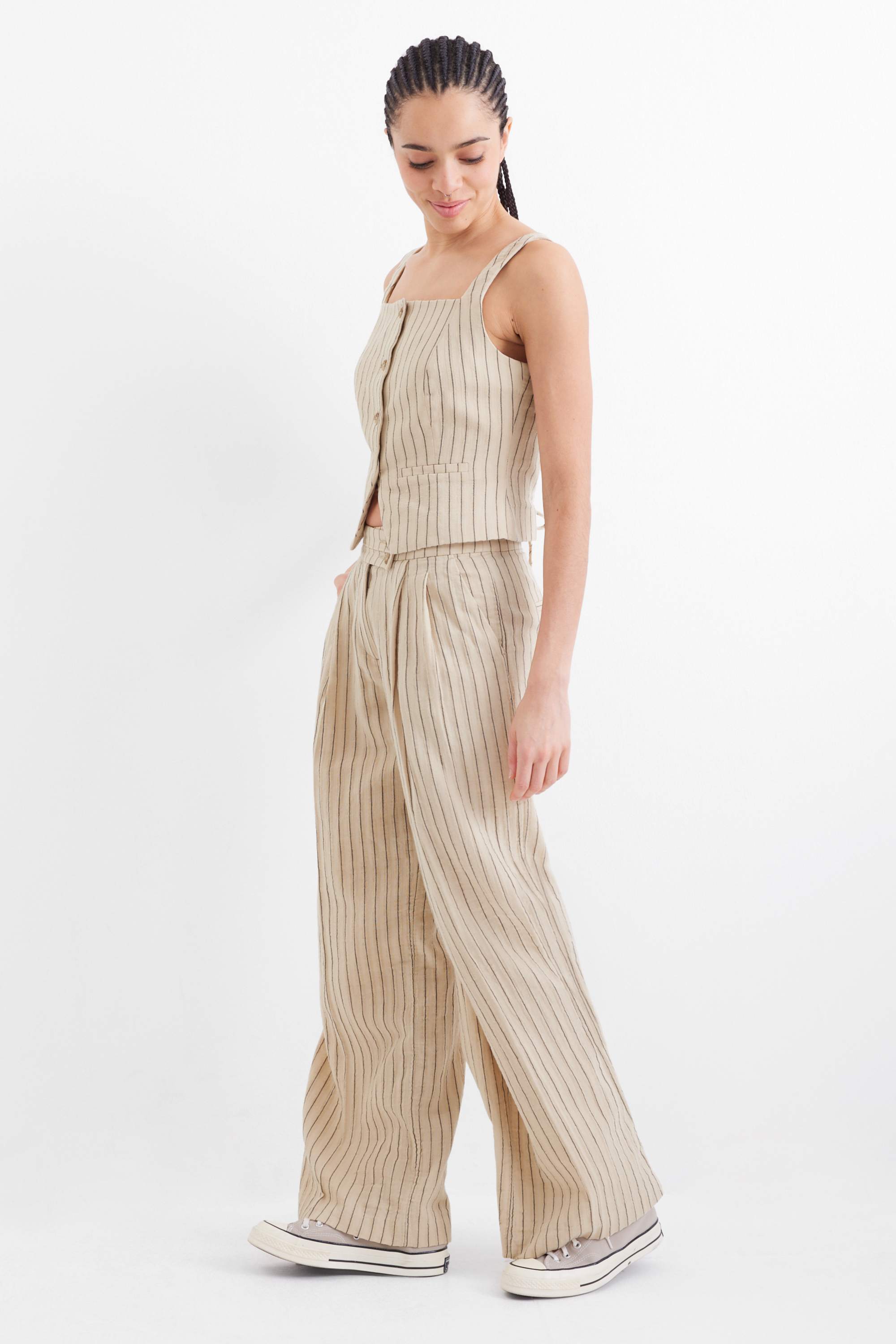 Cloth trousers - mid-rise waist - wide leg - pinstripes black / beige