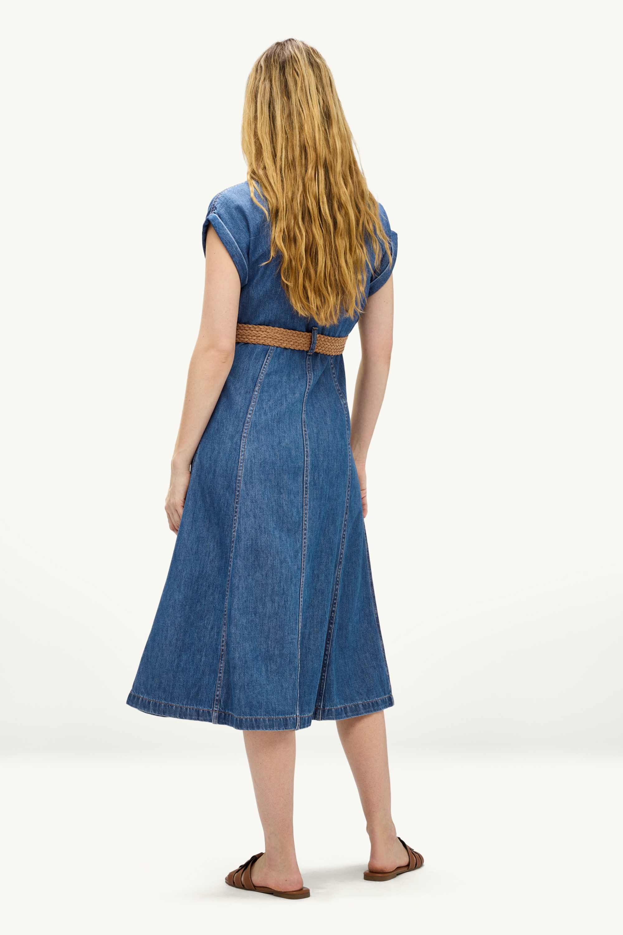 Denim shirt dress with V-neck and belt blue denim