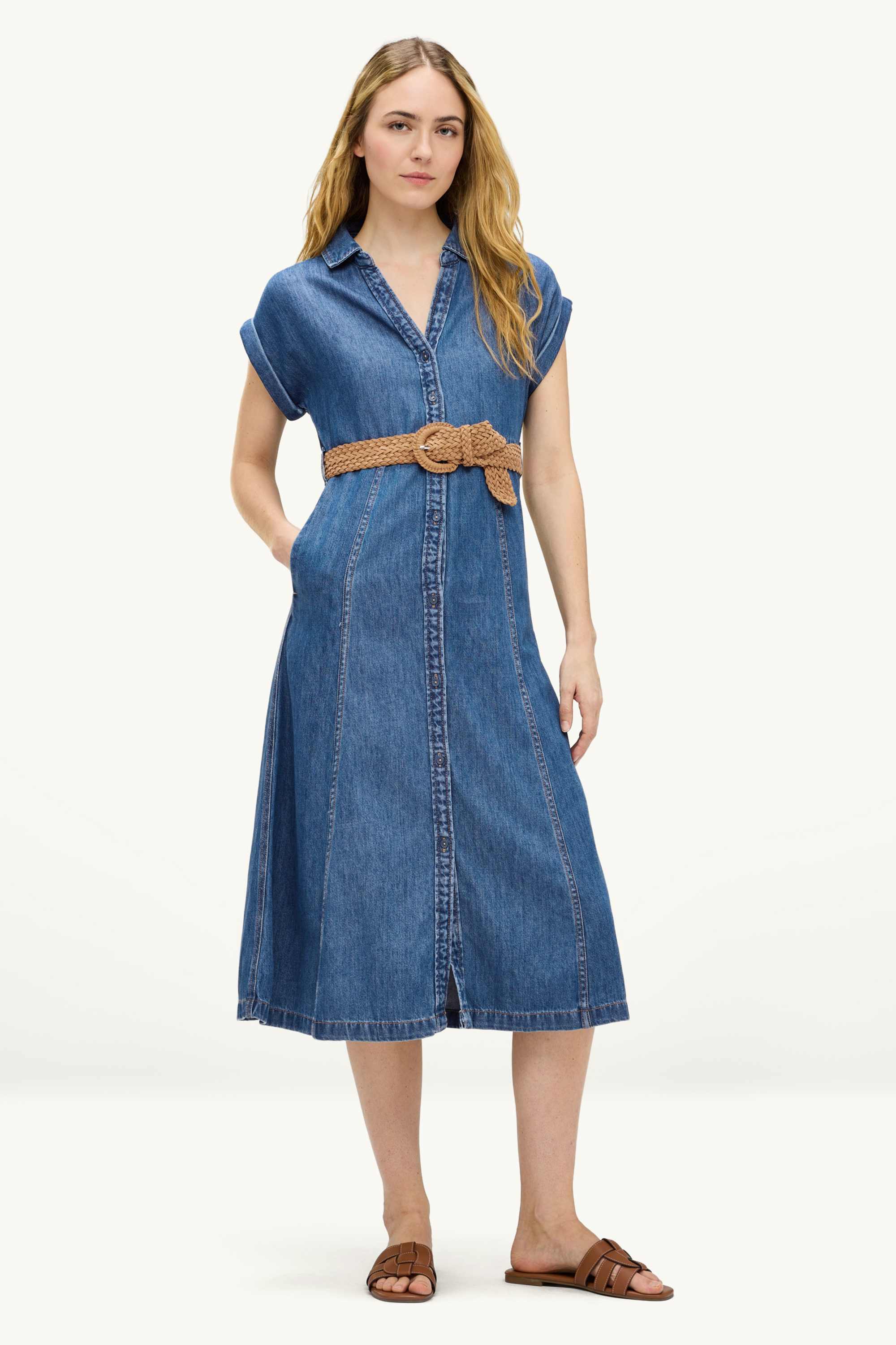 Denim shirt dress with V-neck and belt blue denim