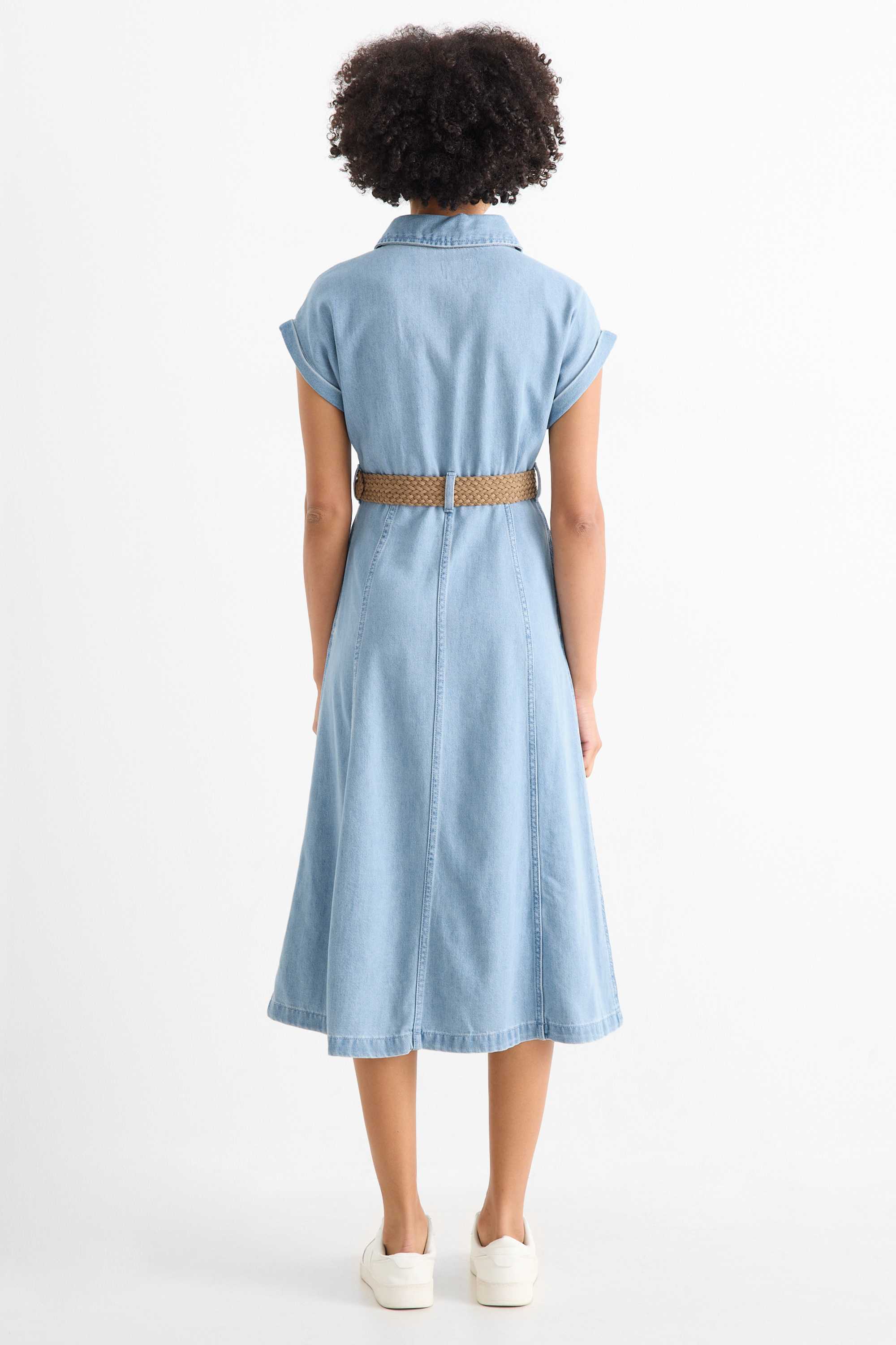 Denim shirt dress with V-neck and belt light blue