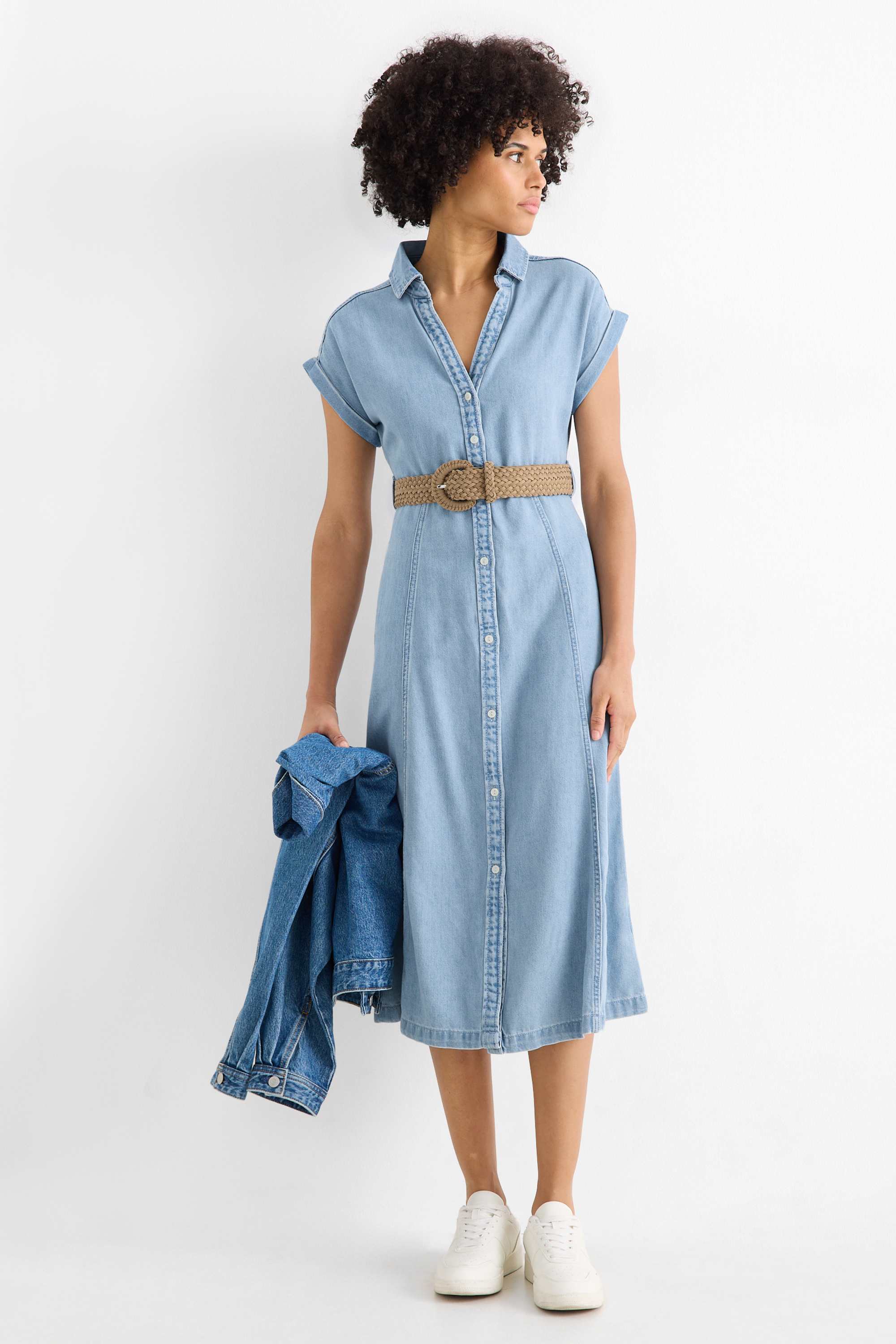 Denim shirt dress with V-neck and belt light blue