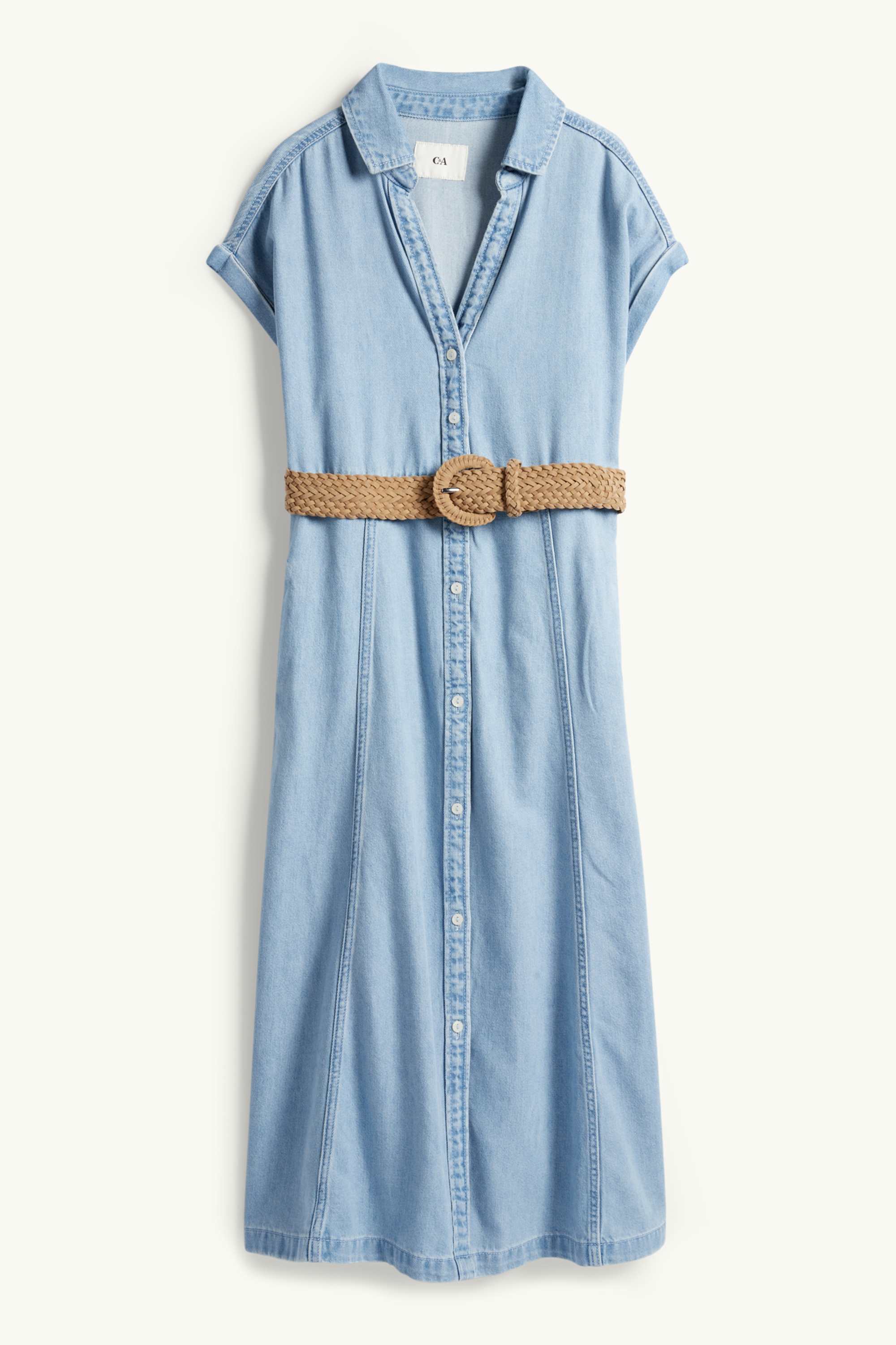 Denim shirt dress with V-neck and belt light blue