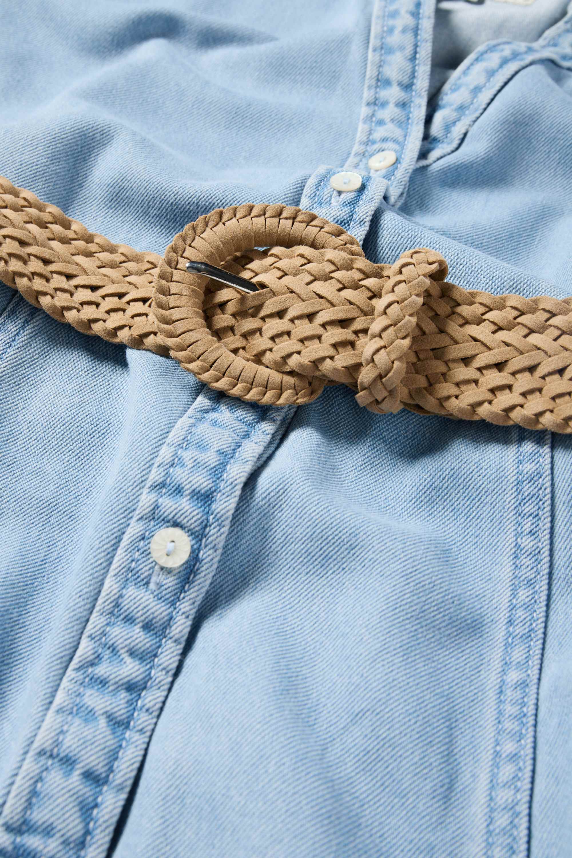 Denim shirt dress with V-neck and belt light blue