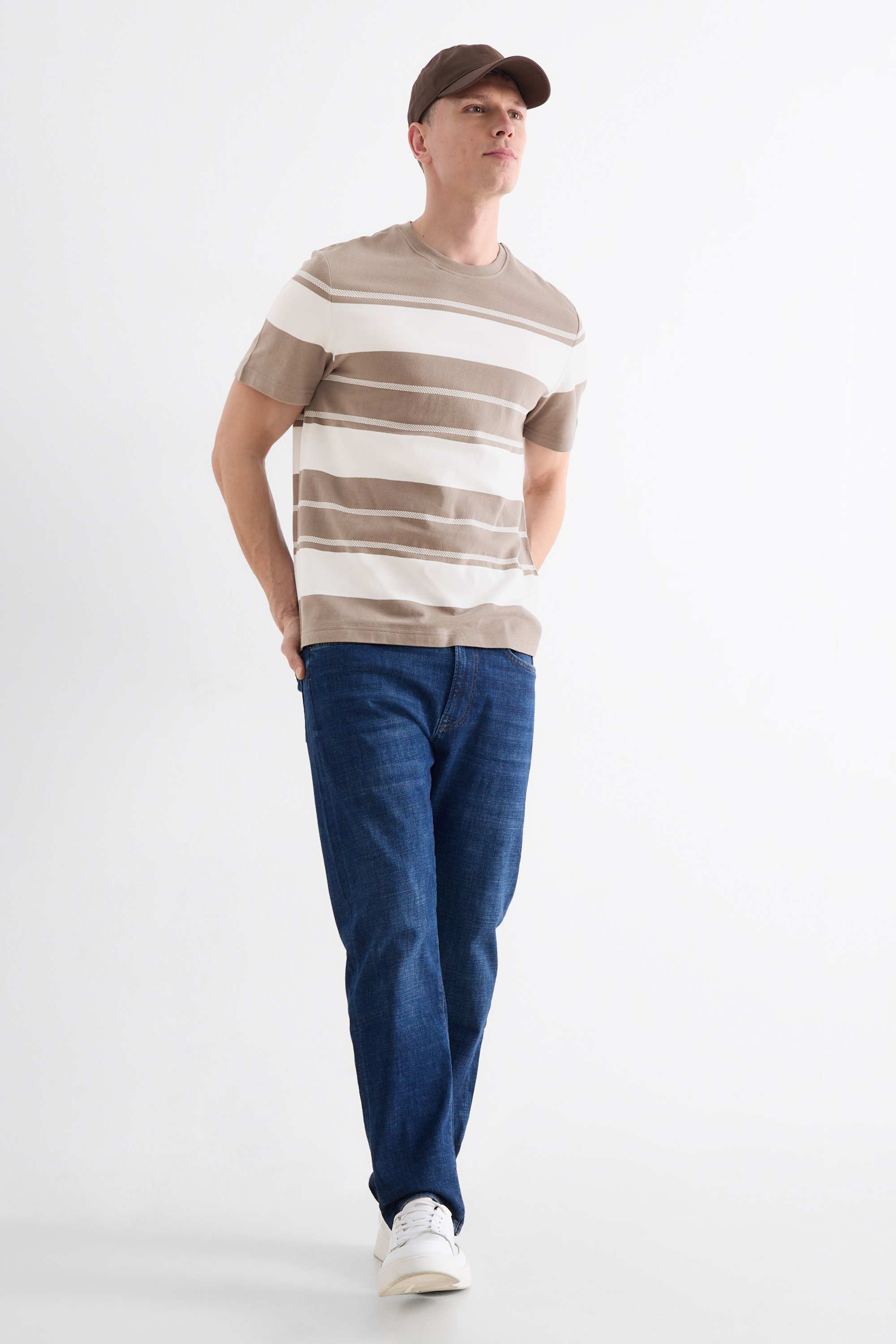 T-shirt - regular fit - striped - textured brown / cremewhite