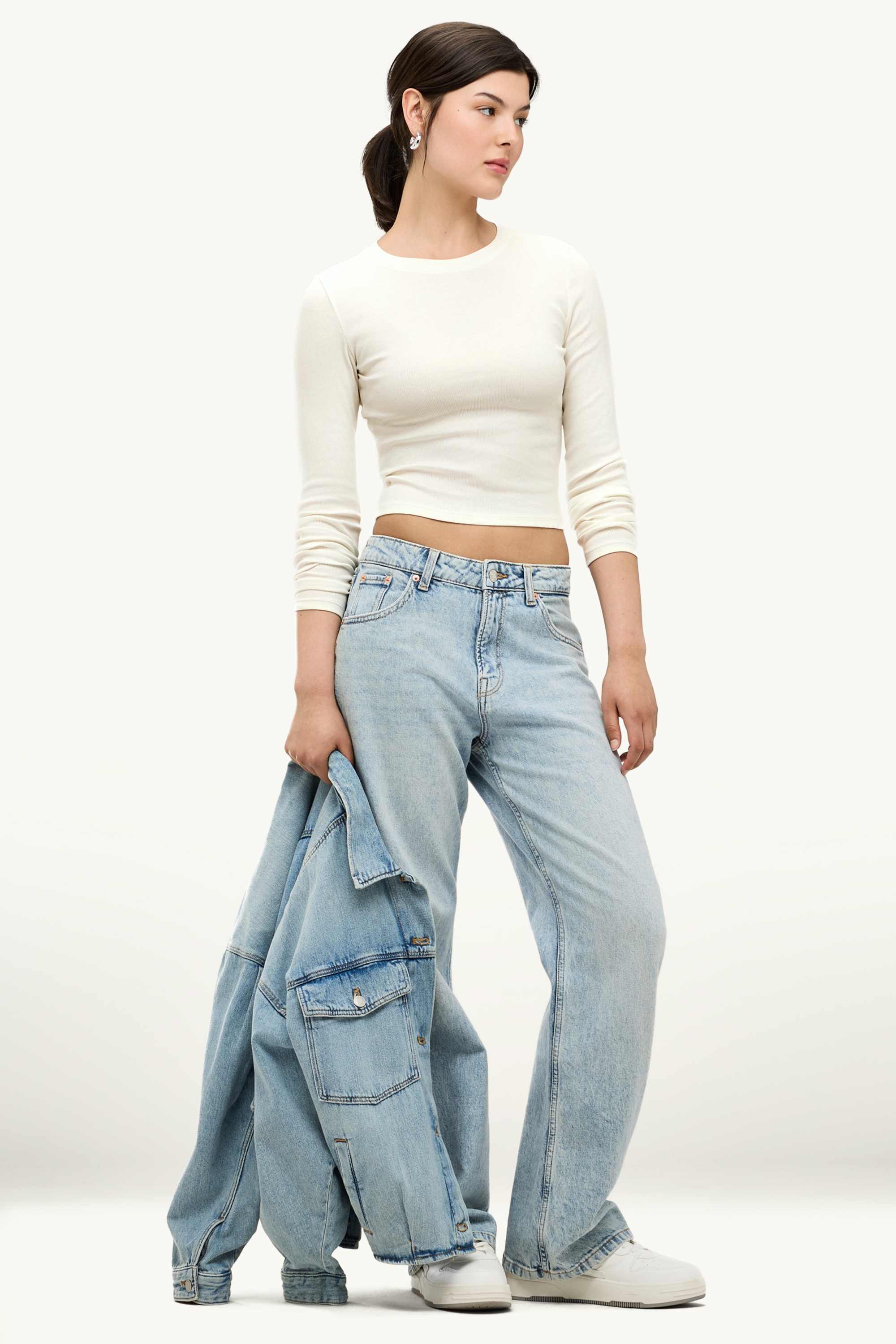 Cropped long sleeve top - slim fit - ribbed creme