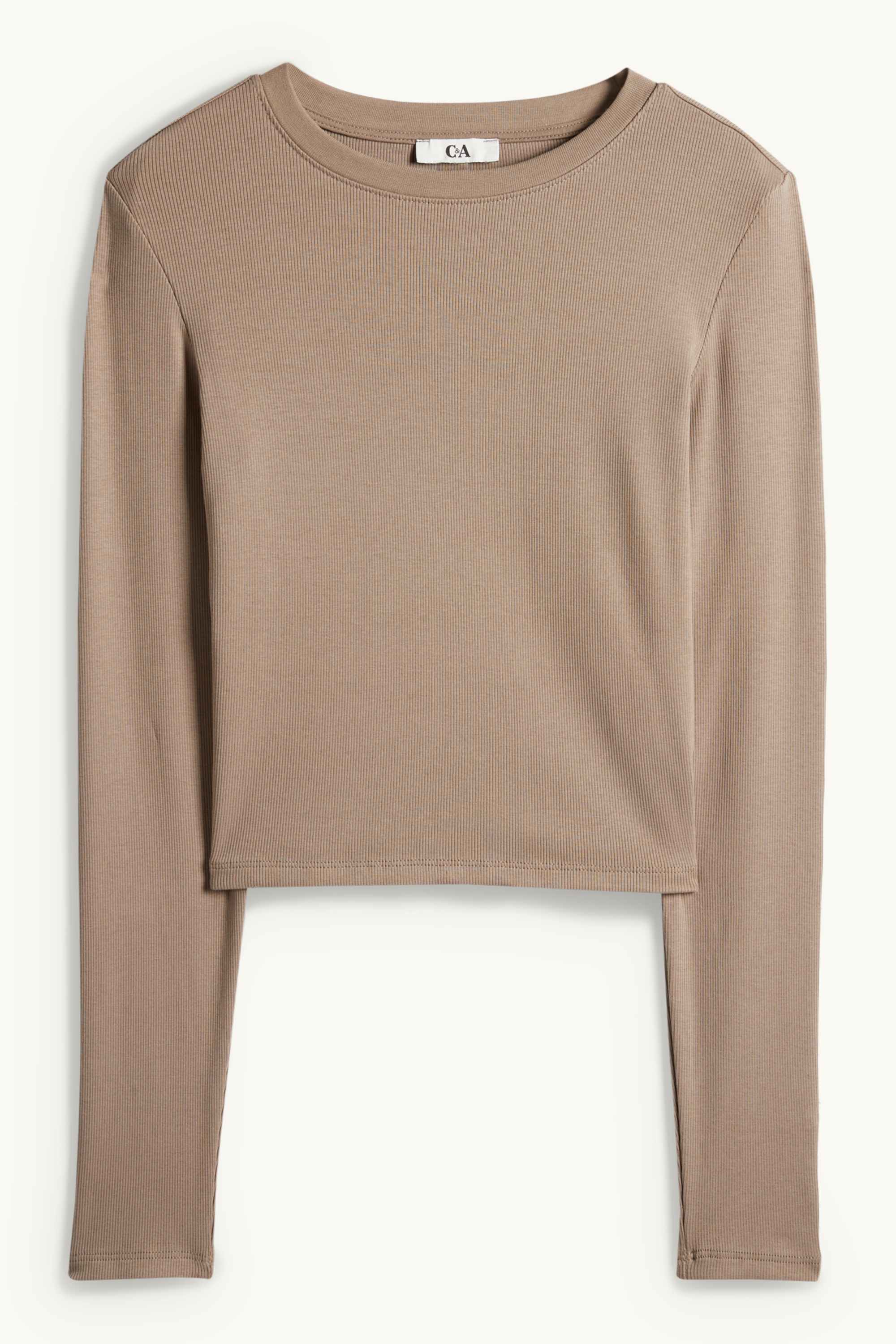 Cropped long sleeve top - slim fit - ribbed taupe