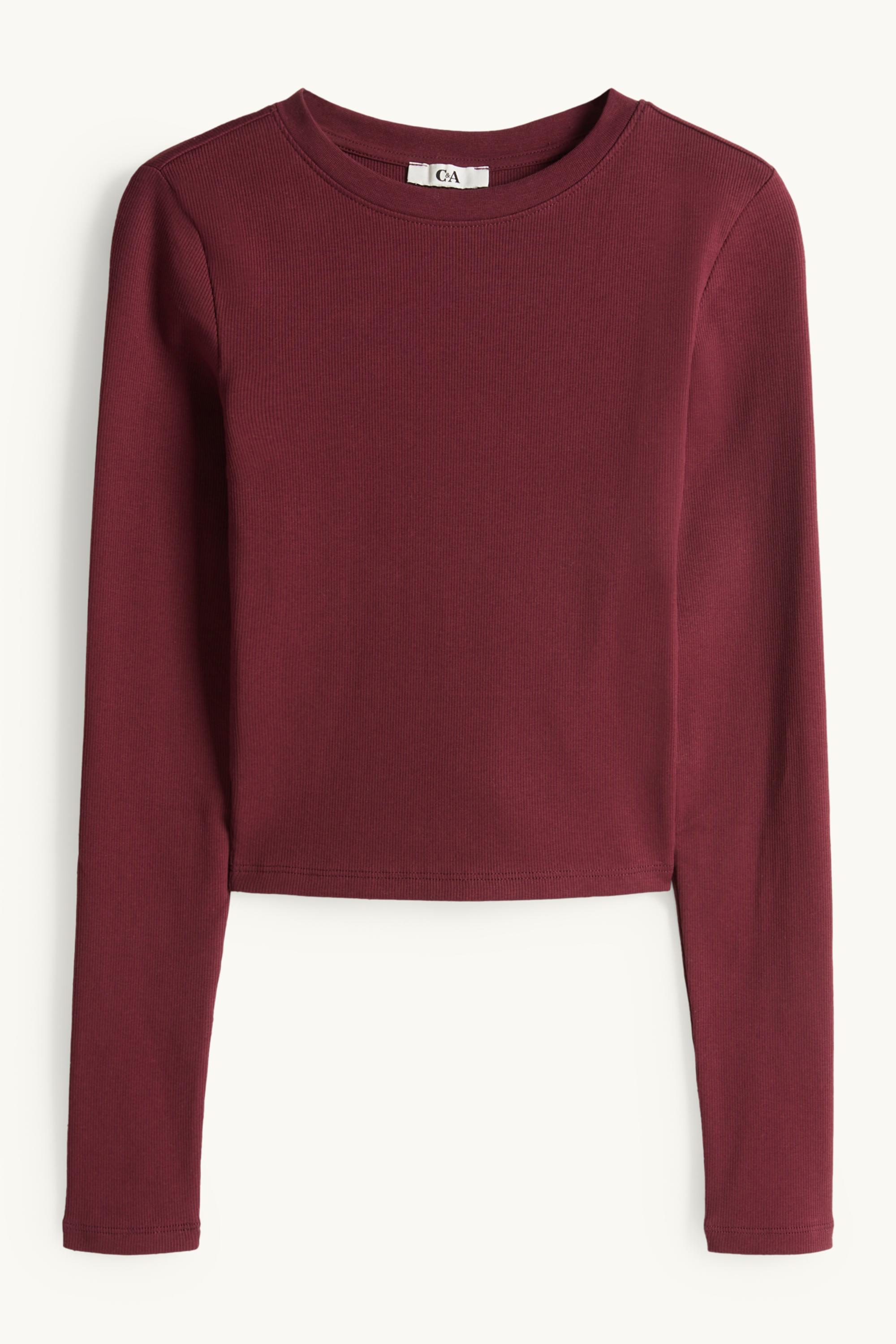 Cropped long sleeve top - slim fit - ribbed bordeaux
