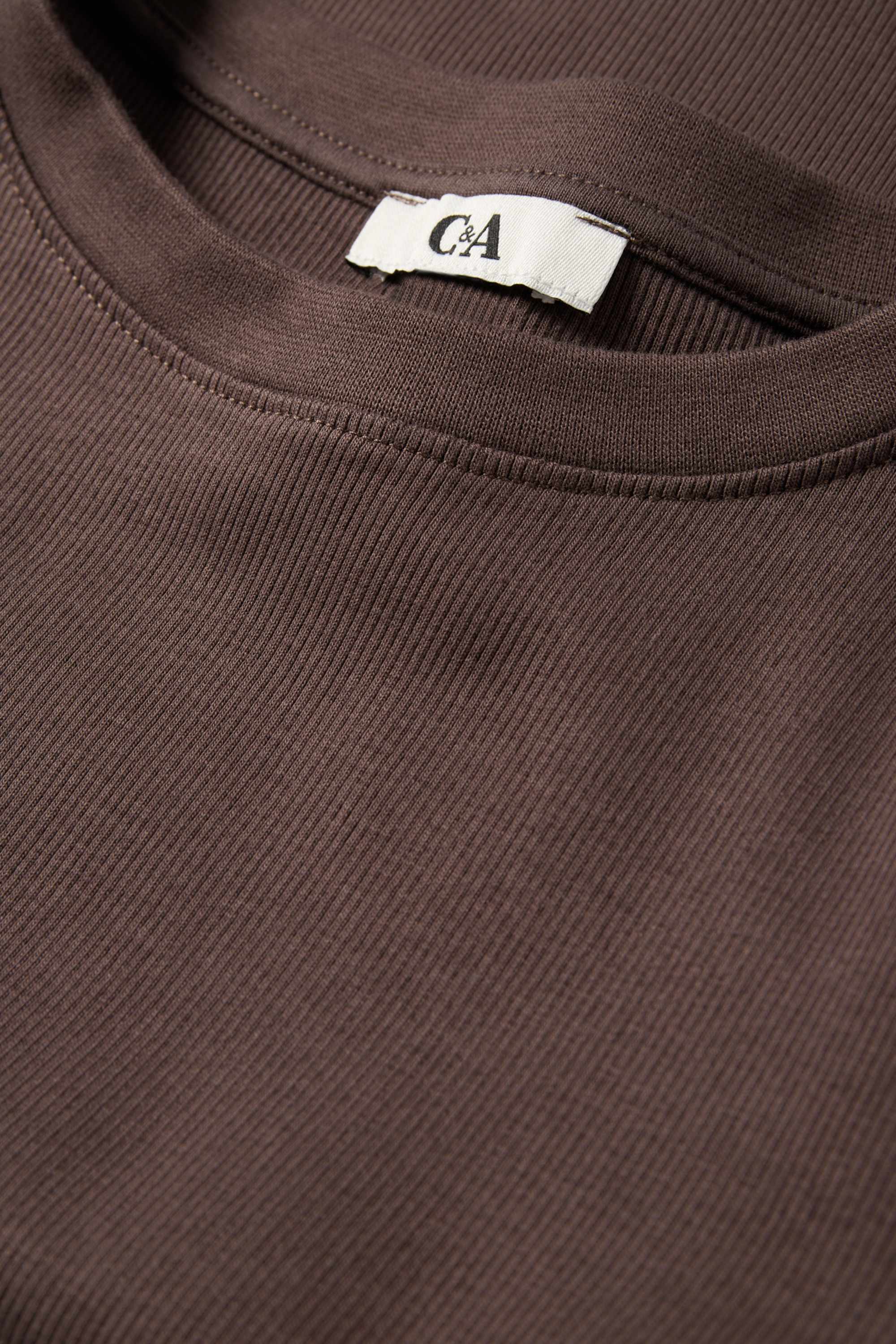 Cropped long sleeve top - slim fit - ribbed dark brown