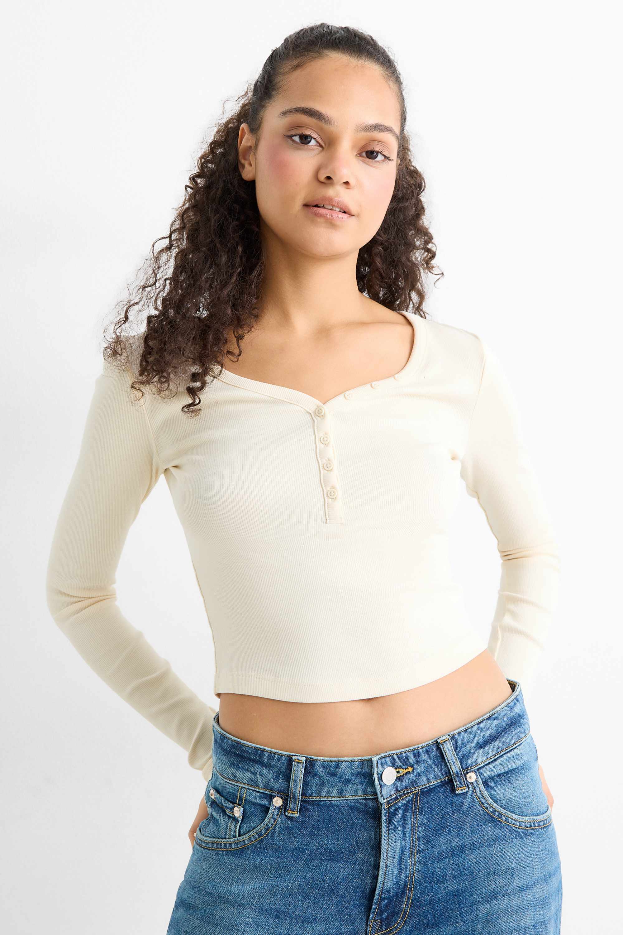 Cropped Henley T-shirt - slim fit - ribbed cremewhite
