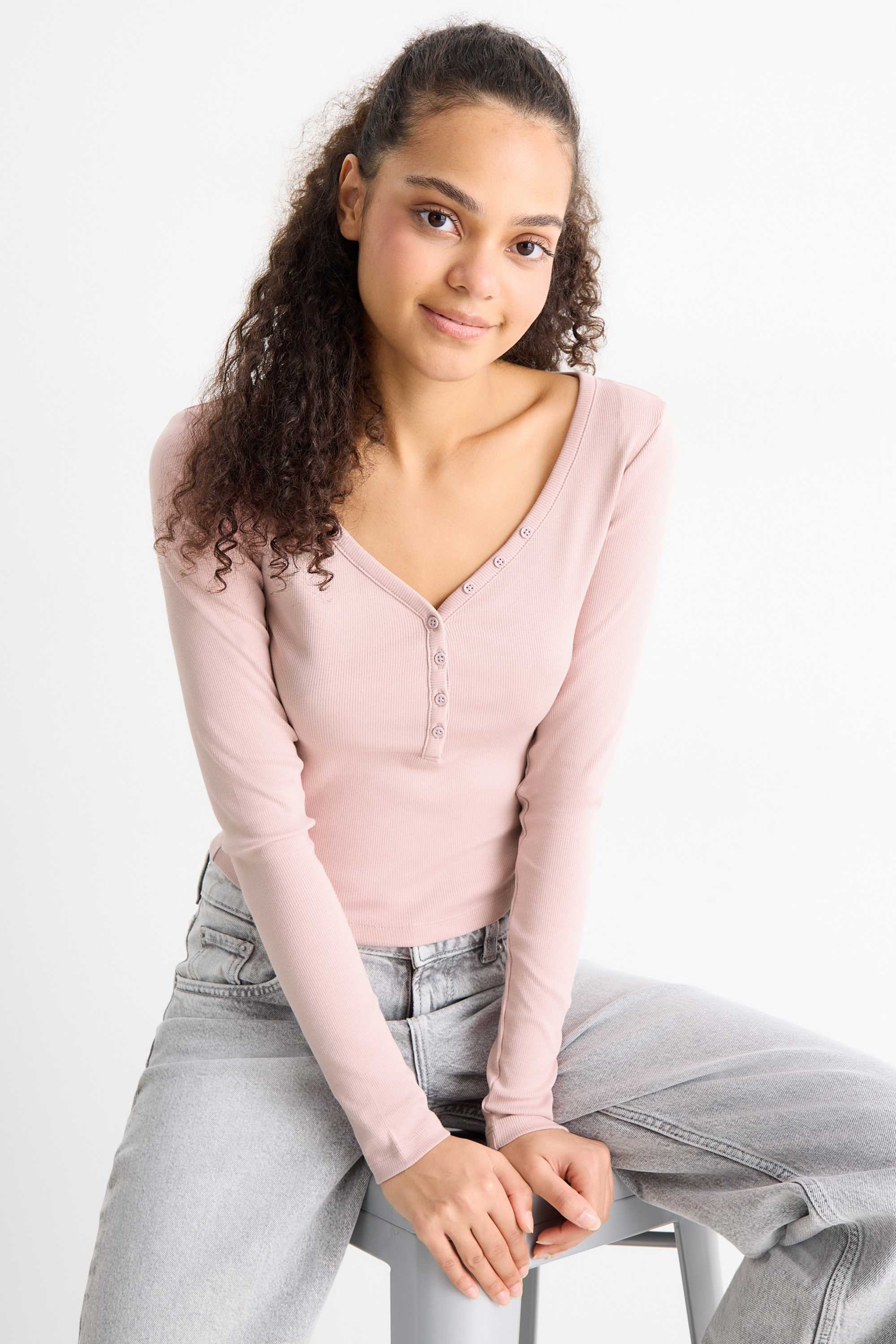 Cropped Henley T-shirt - slim fit - ribbed rose