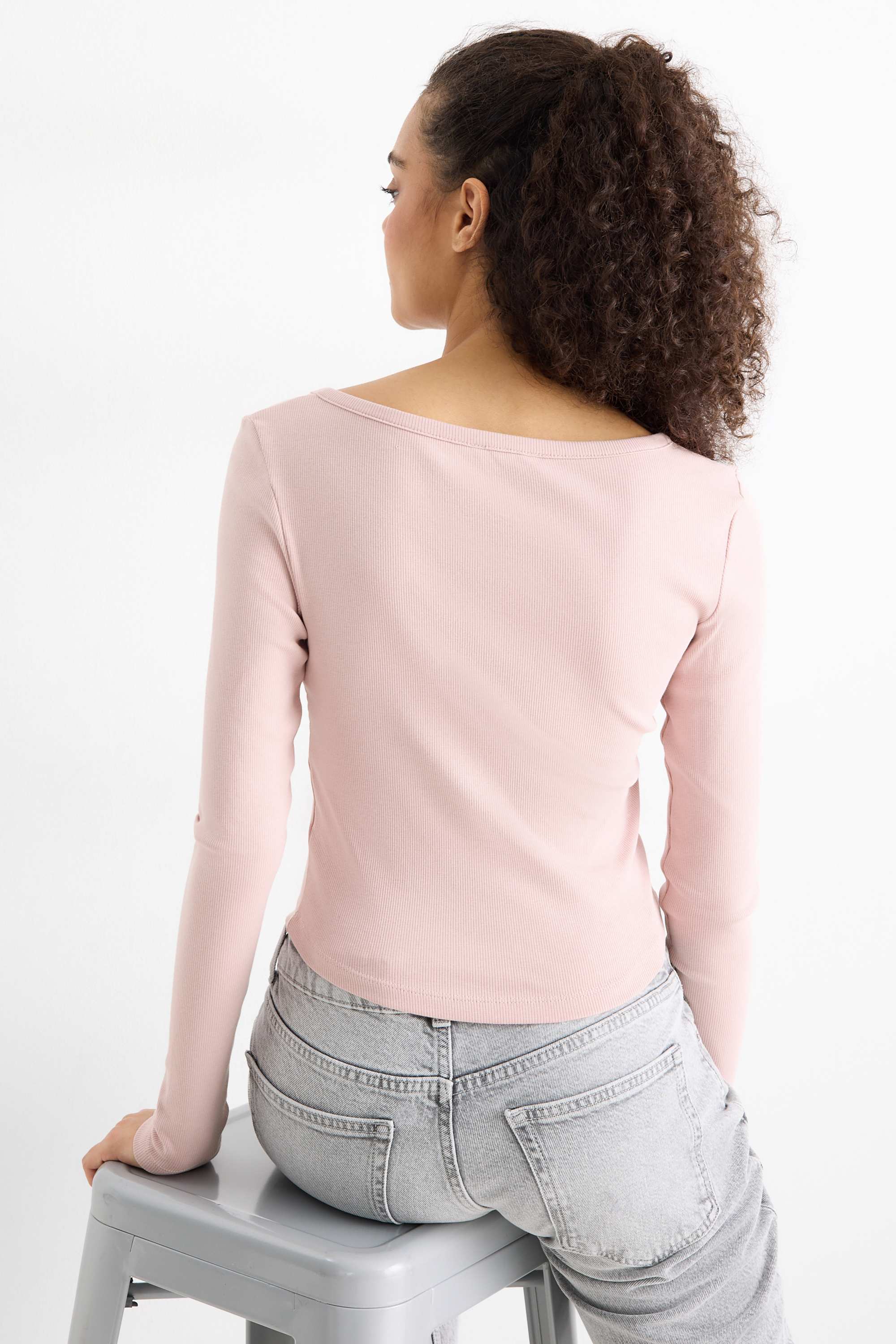 Cropped Henley T-shirt - slim fit - ribbed rose