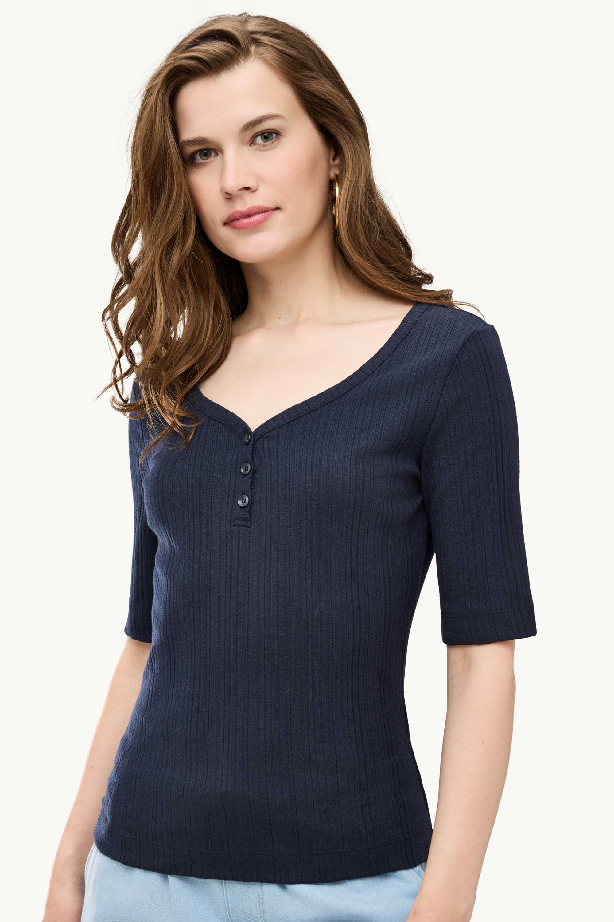 Henley T-shirt - regular fit - ribbed dark blue