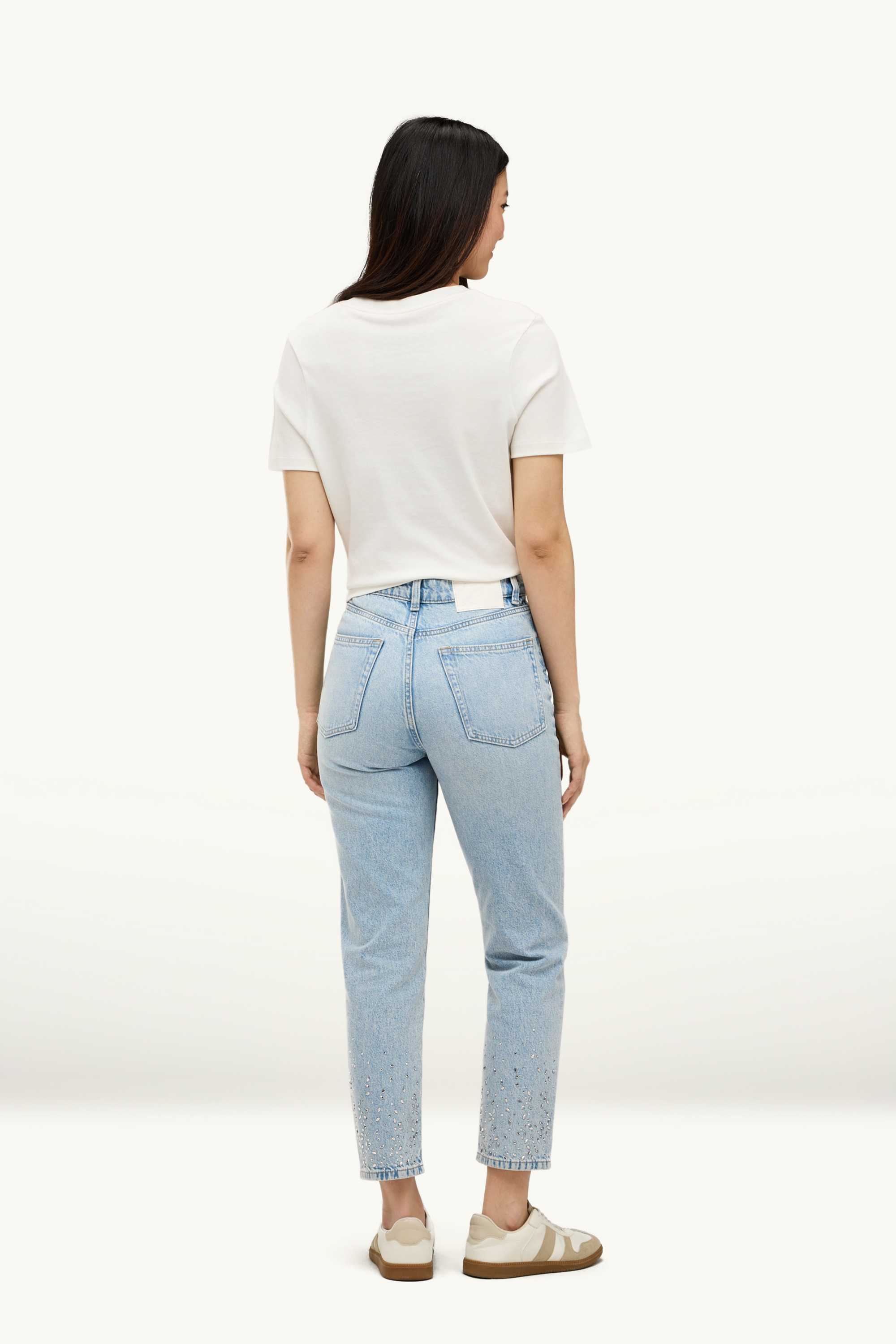 Mom jeans with rhinestones - high waist light blue