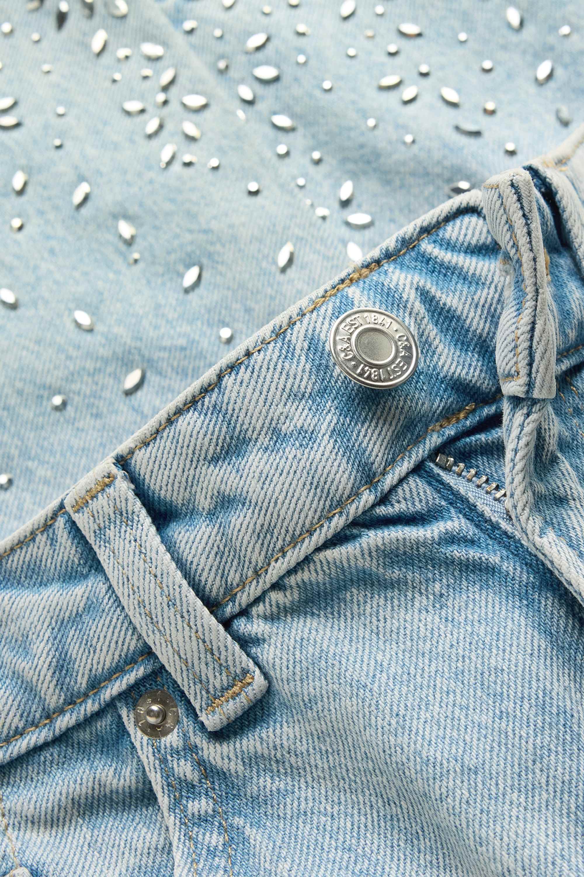 Mom jeans with rhinestones - high waist light blue
