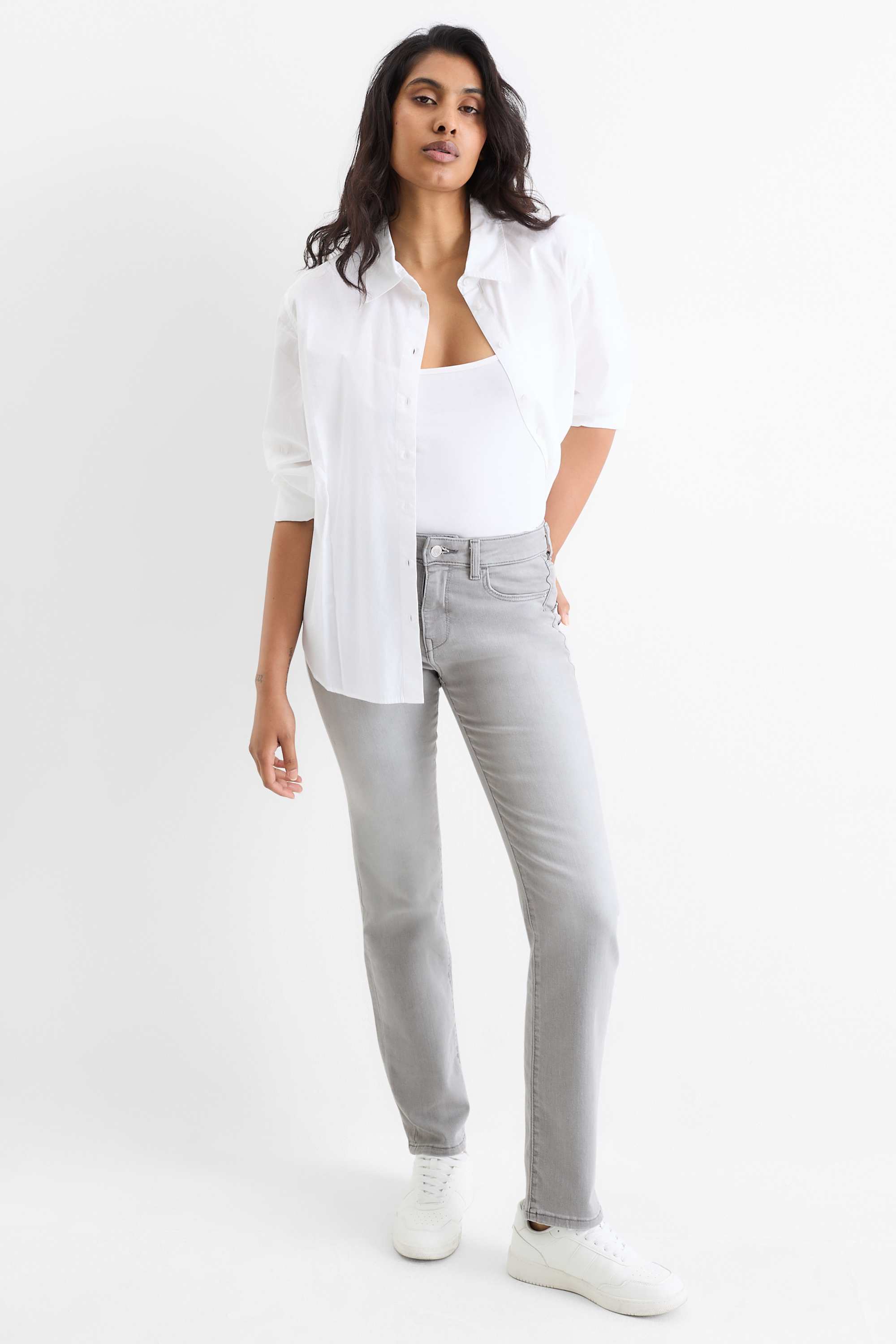 Straight jeans - mid-rise waist - LYCRA® denim-light gray