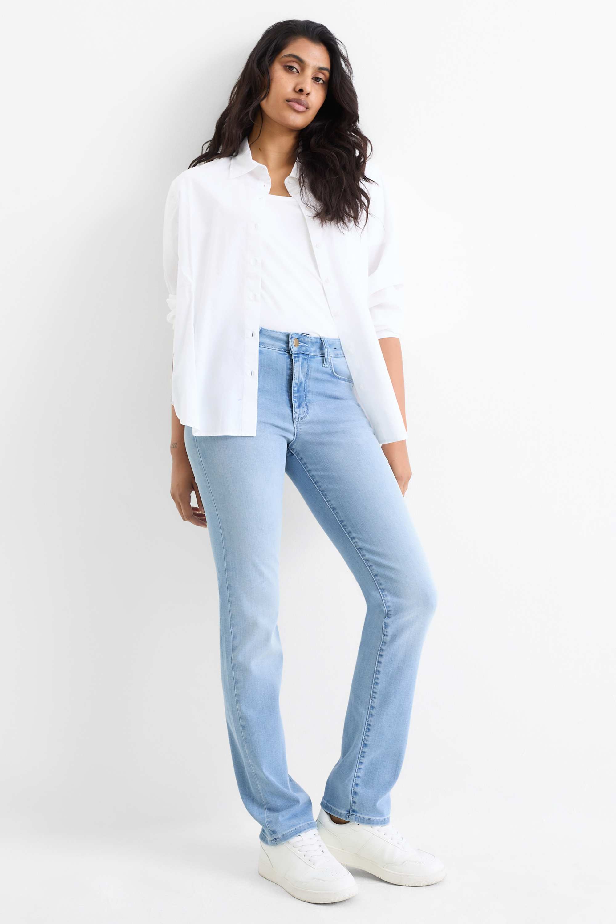 Straight jeans - mid-rise waist denim-light blue