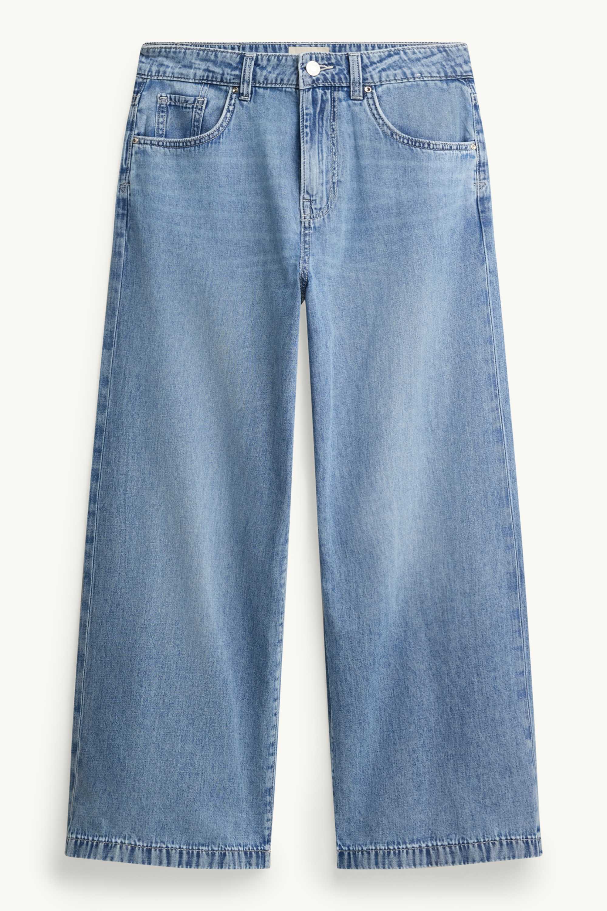 Cropped wide leg jeans - mid-rise waist blue denim