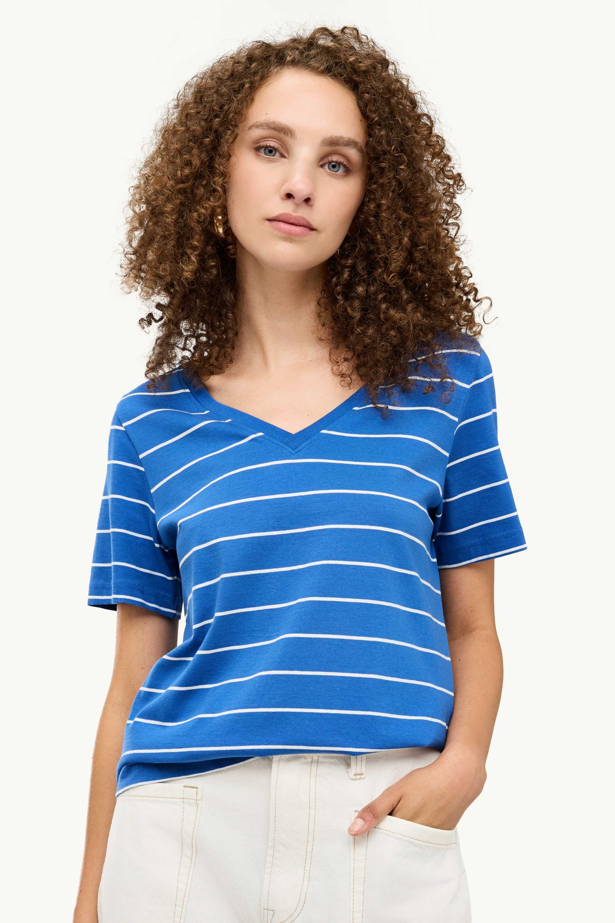 V-neck T-shirt - regular fit - striped blue