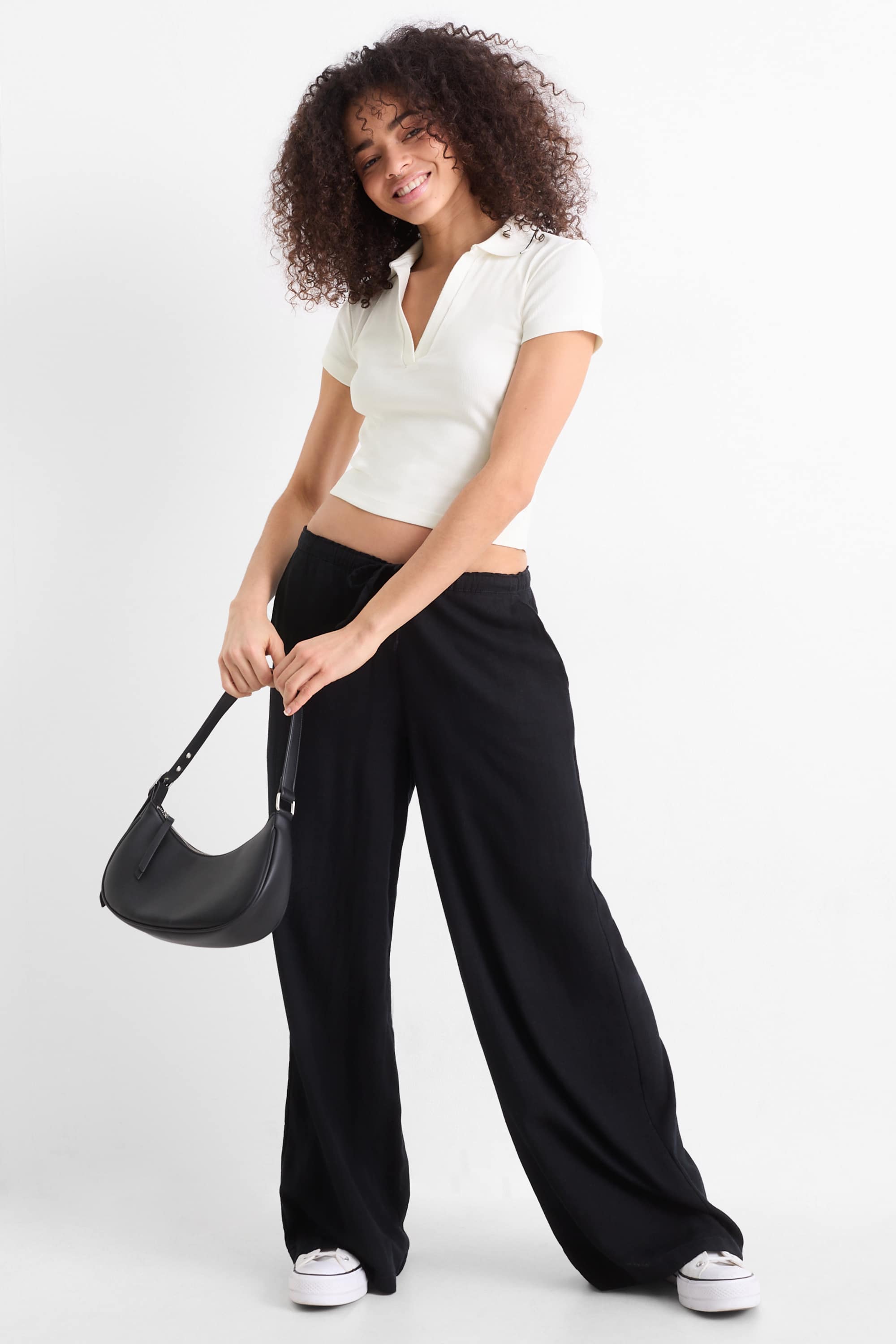 Cropped polo shirt - slim fit - ribbed cremewhite