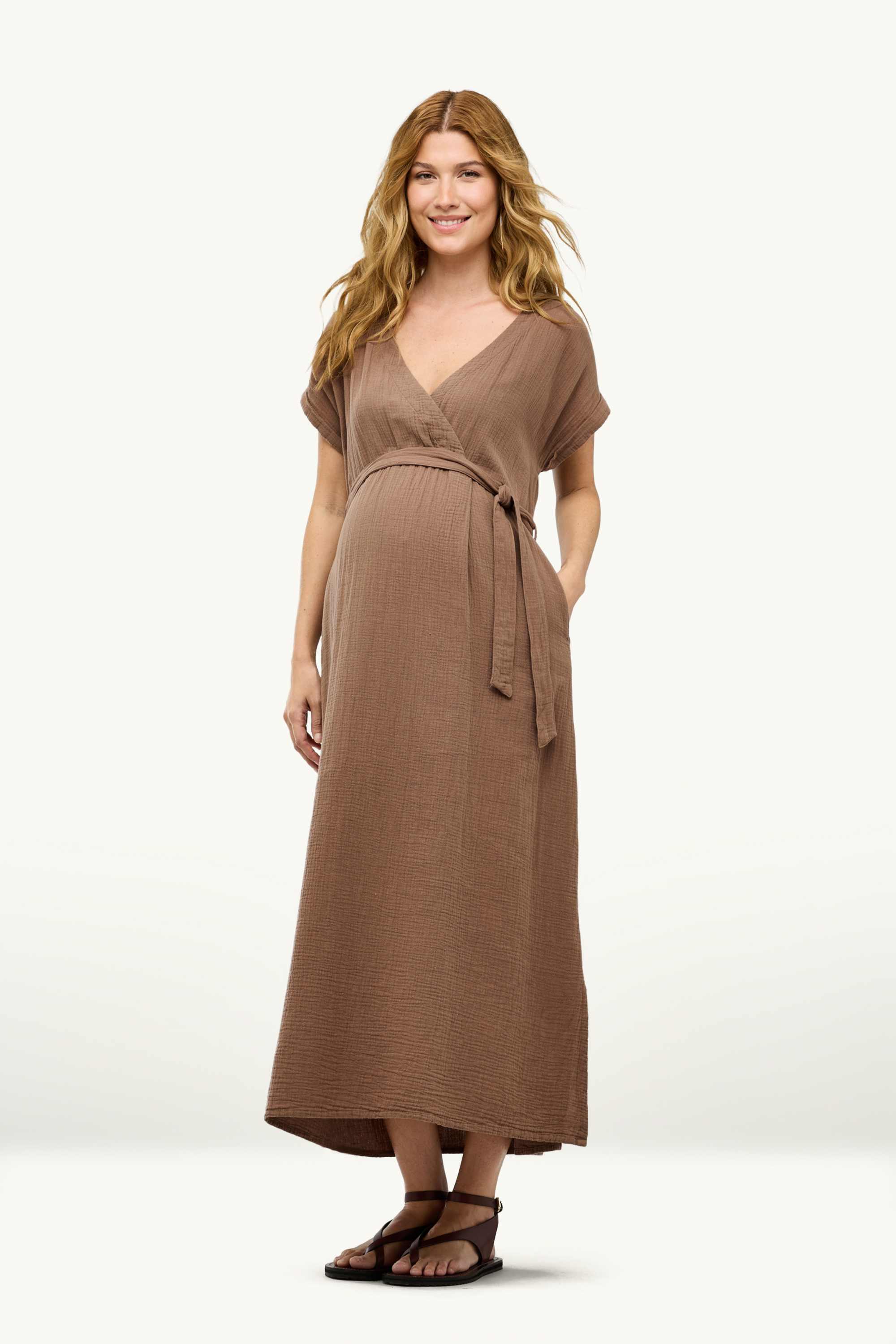 V-neck nursing dress - textured brown